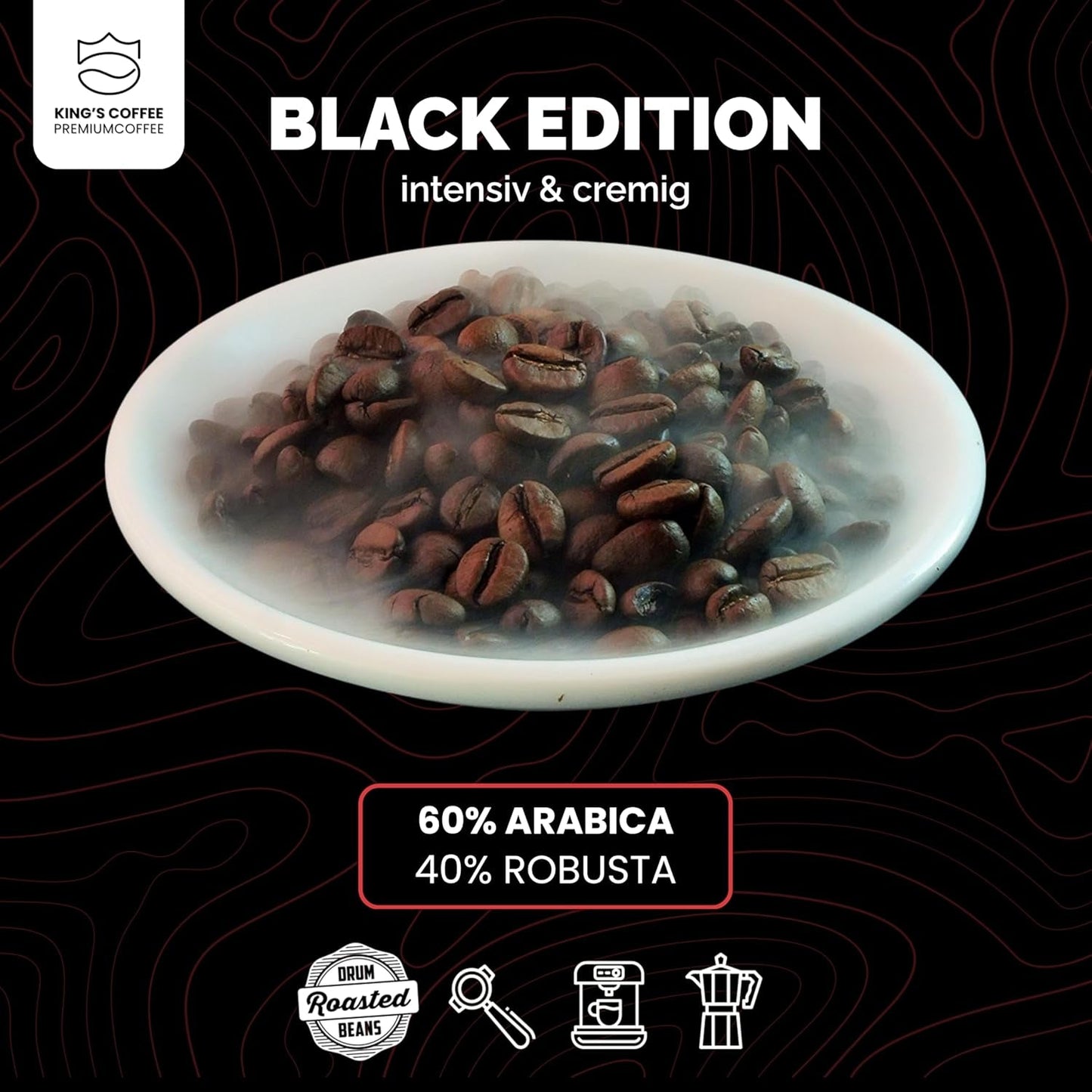 KING'S COFFEE - BLACK EDITION - 1 kg Intense Cream Kaffebønner - Kaffe med lav syreindhold - Small Batch Rist fra Italien - Stærke Arabica Espresso bønner (Blend) til fuldautomatiske og portafiltermaskiner