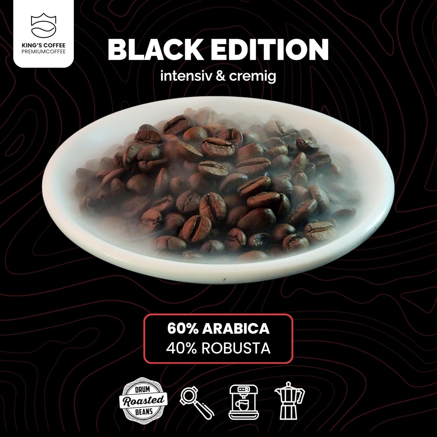 KING'S COFFEE - BLACK EDITION - 1 kg Intense Cream Kaffebønner - Kaffe med lav syreindhold - Small Batch Rist fra Italien - Stærke Arabica Espresso bønner (Blend) til fuldautomatiske og portafiltermaskiner