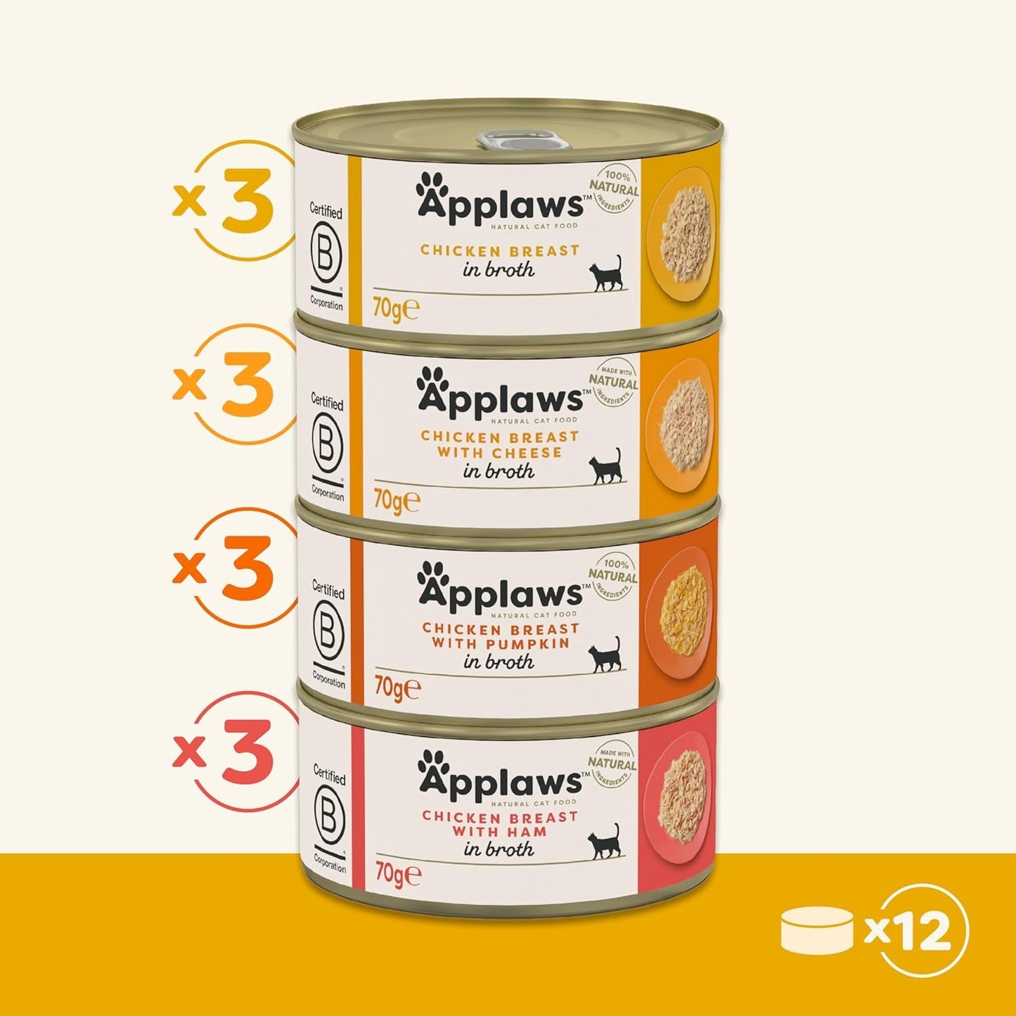 Applaws 100 % naturlig premium våd kattefoder Kyllingebouillon udvalg til voksne katte - 4 æskepakke (12 x 70 g)