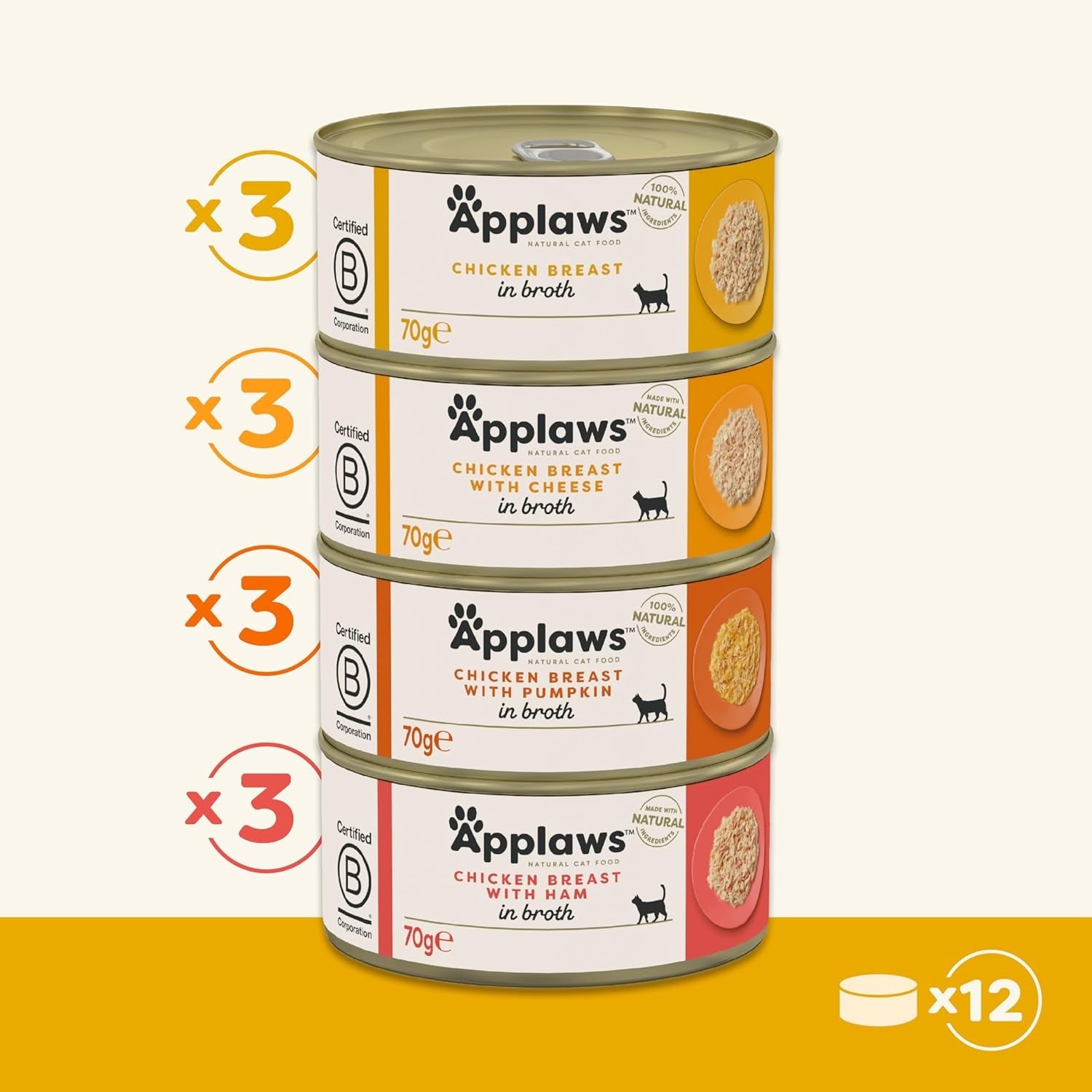 Applaws 100 % naturlig premium våd kattefoder Kyllingebouillon udvalg til voksne katte - 4 æskepakke (12 x 70 g)