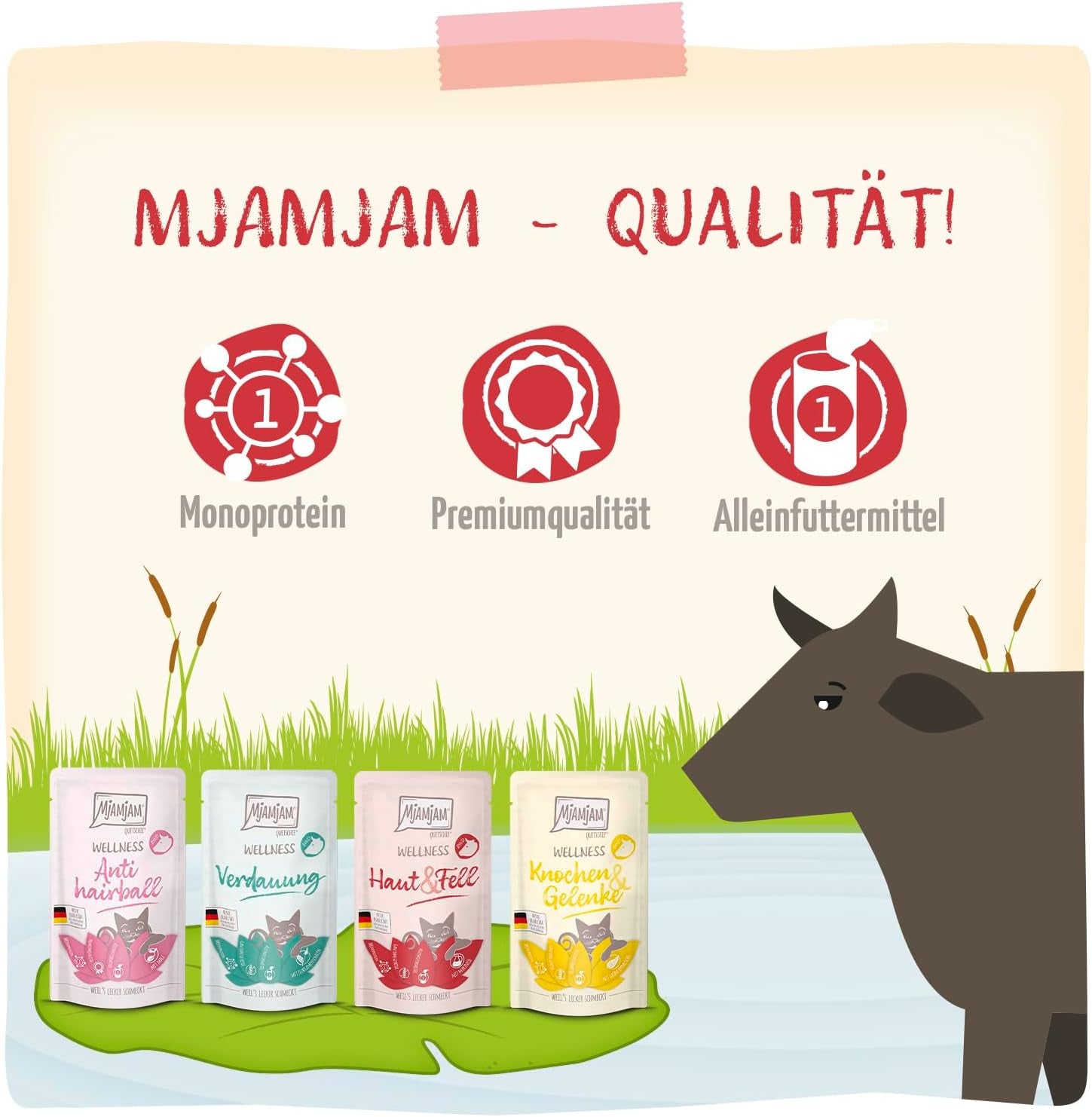 MjAMjAM - Premium våd kattefoder - Wellness-pakke oksekød, pakke med 12 (12 x 125 g), kornfri med ekstra kød