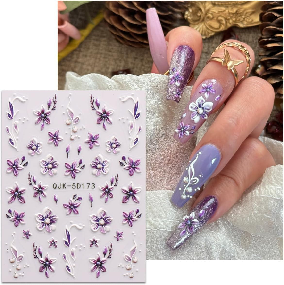 JMEOWIO 3D Nagelsticker Blumen Nail Art Sticker Selbstklebend Nagelaufkleber 5D Stereoskopisk Frühling Sommer Dekoration Nageldesign Zubehör 4 Blatt
