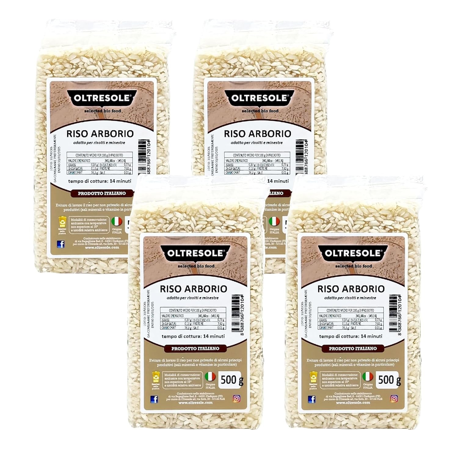 Artisanal italiensk Arborio-ris, storkornet og stivelsesholdige ris, ideel til supper, risottoer og rissalater, vakuumpakket i 2 1 kg poser