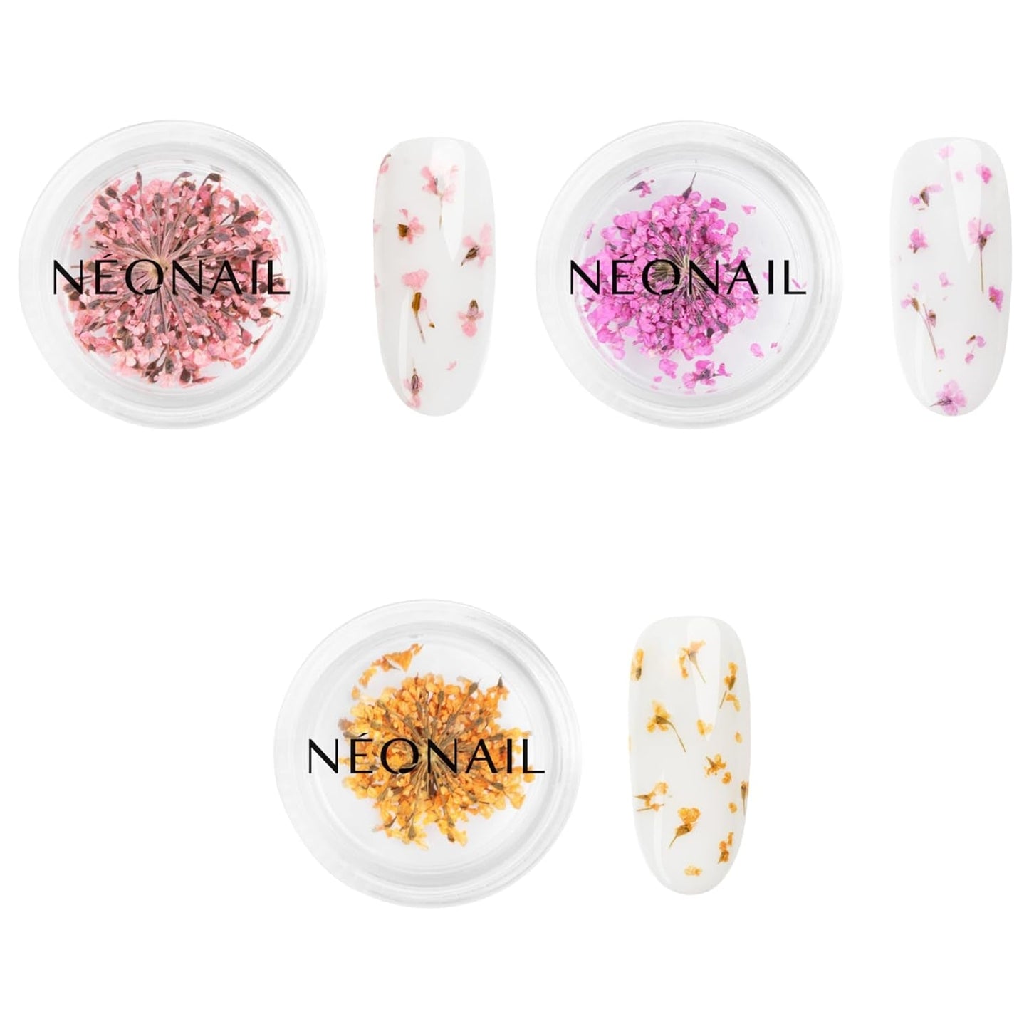 NÉONAIL Nail Art Flowers Set - Trockenblumen - Getrocknete Blumen - Nageldesign Zubehör - Nageldekorationen - Getrocknete Blüten - Negle Decoration - Gelnägel Zubehör - 3 Farben - Rosa, Lila, Orange