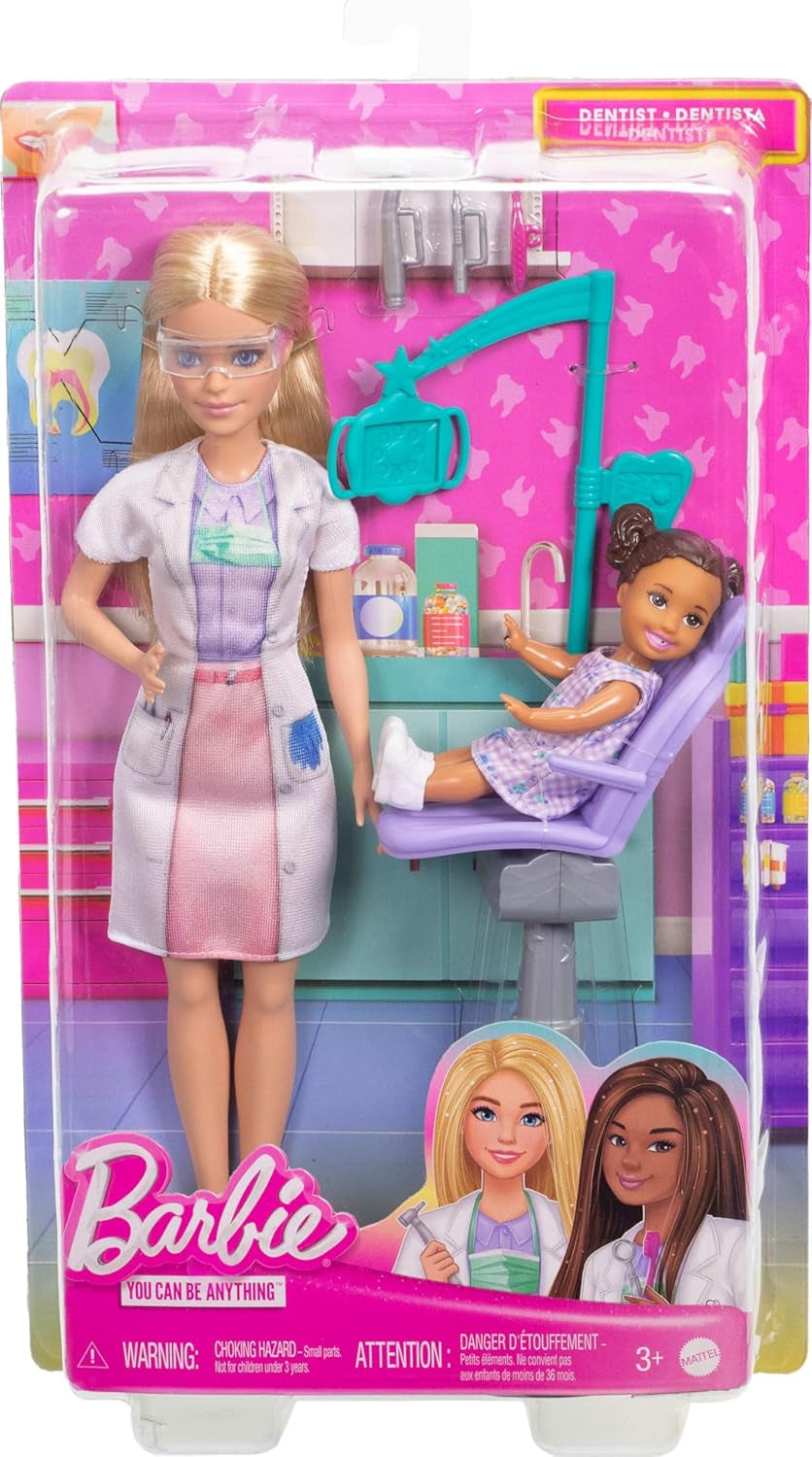 Barbie-tandlægedukke, modedukke med blondt hår, blå kjole og laboratoriefrakke, 1-barnsdukke, eksamenstilbehør og diverse tilbehør, JCR74