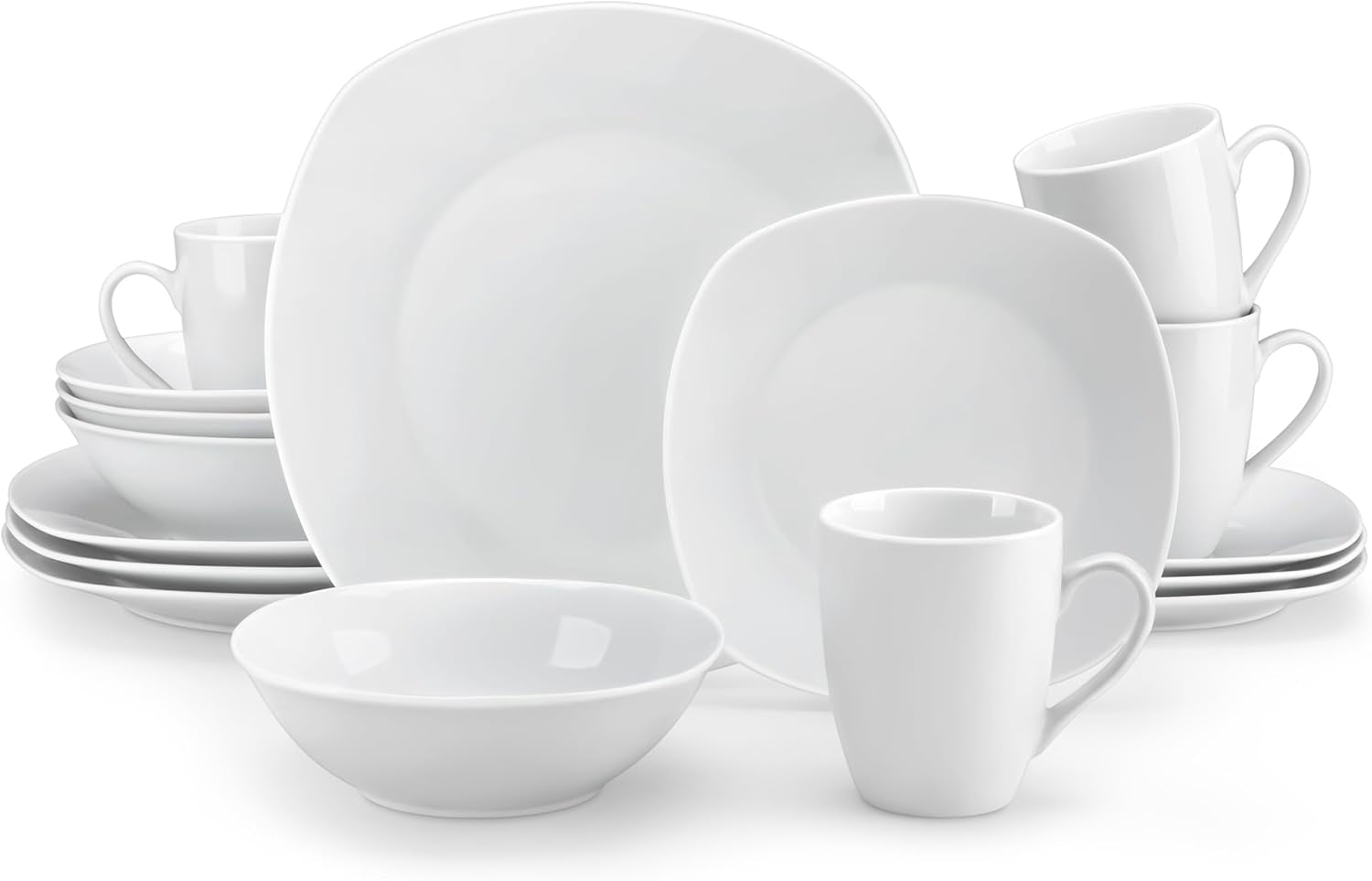 MALACASA Spisesæt til 4, 16-delt hvidt porcelænsservice, moderne servisesæt med 4 middagstallerkener, Desserttallerkener, Suma-tallerkener og -kopper, ELISA-serien