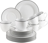 Mäser Nola Series Moderne 6-personers kaffestel Hvid med sort kant 18-delt porcelænssæt Kaffekopper Underkopper og desserttallerkener - Rundt kaffestel Kaffesæt Hvidt