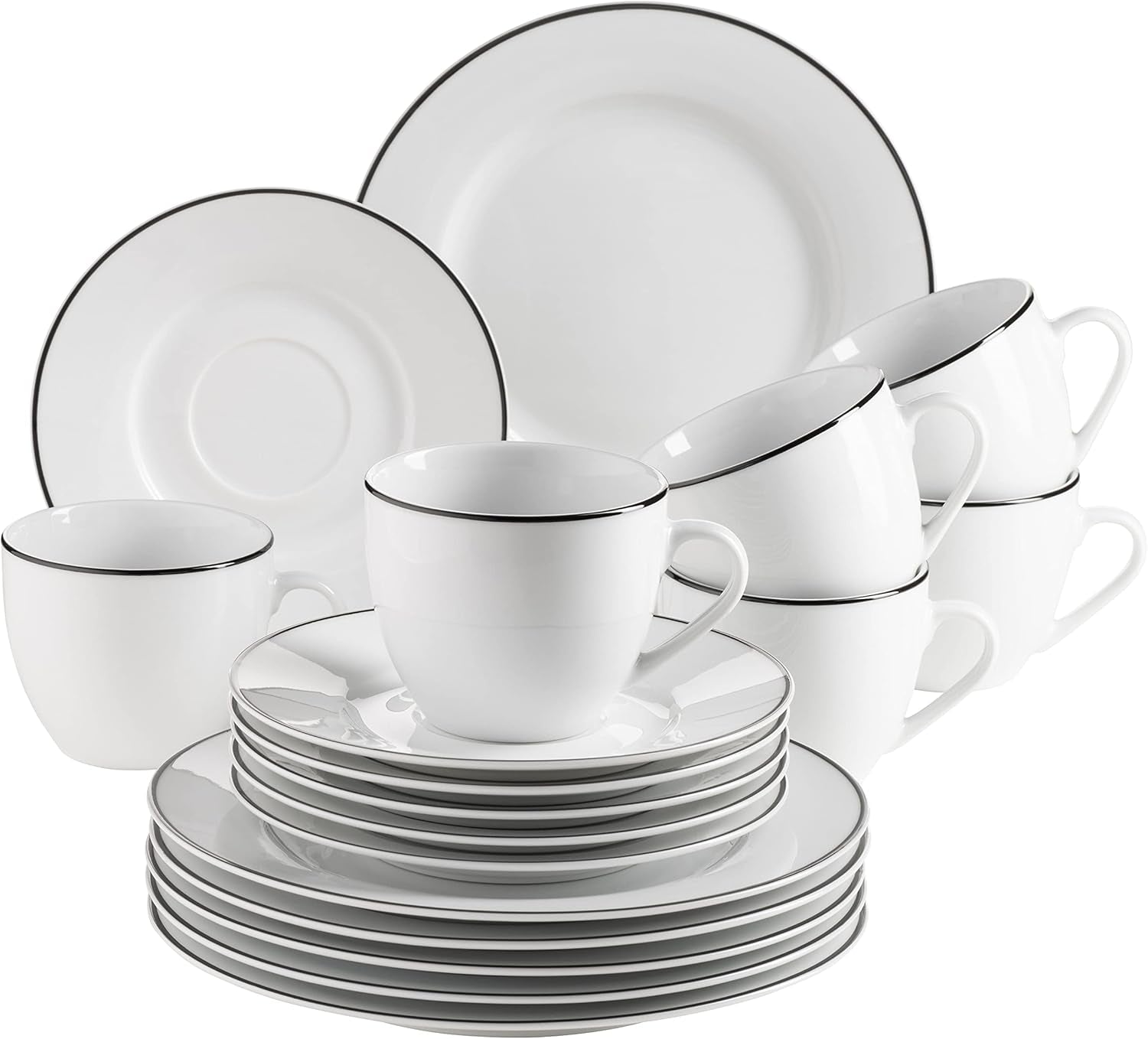 Mäser Nola Series Moderne 6-personers kaffestel Hvid med sort kant 18-delt porcelænssæt Kaffekopper Underkopper og desserttallerkener - Rundt kaffestel Kaffesæt Hvidt