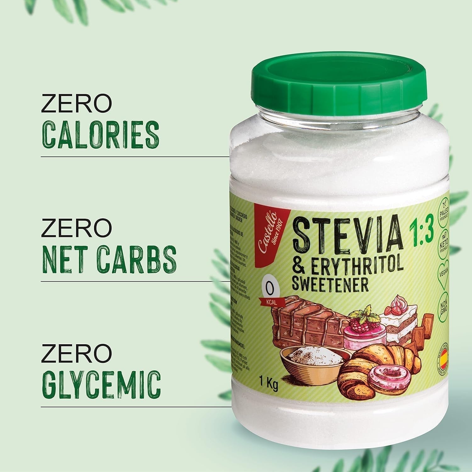 Stevia + Erythritol 1:3 Süßstoff | 1G = 3G Zucker | 100% Natürlicher Zuckerersatz - 0 Kalorien - 0 Glykämischer Index - Keto Und Paleo - 0 Netto-Kohlenhydrat - Kein GVO - Castello siden 1907-1 Kg Sødemidler Naty Shop