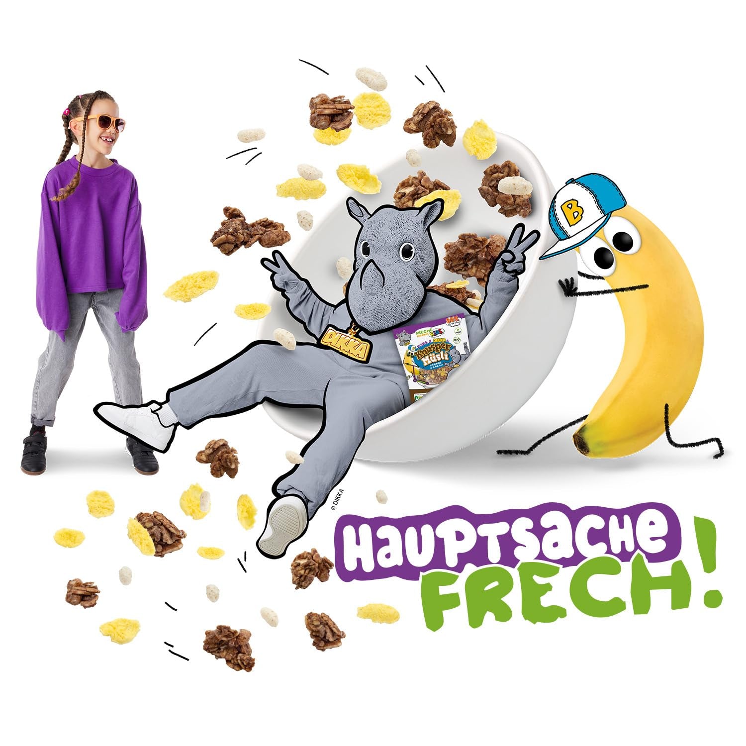 FRECHE FREUNDE KIDS, Bobs & DIKKAs Crunchy Banana Cacao Müsli, Crunchy Chokolade Müsli til børn, Lavt sukkerindhold, ingen tilsætningsstoffer, 100 % vegansk, 6 stykker (6 x 280 g)