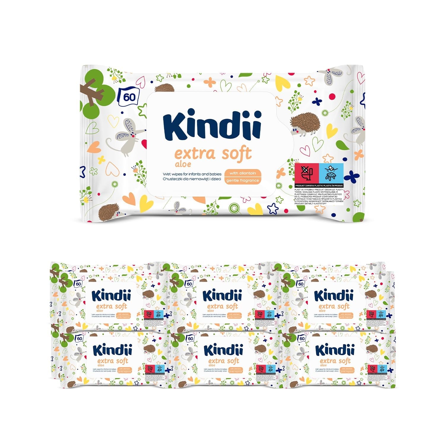 Kindii Natural Balance vådservietter til babyer – (1 x 60 stk.) Vådservietter til babyer og børn – Beskyttende, Aloe Vera, Delikat duft – 60 stk.