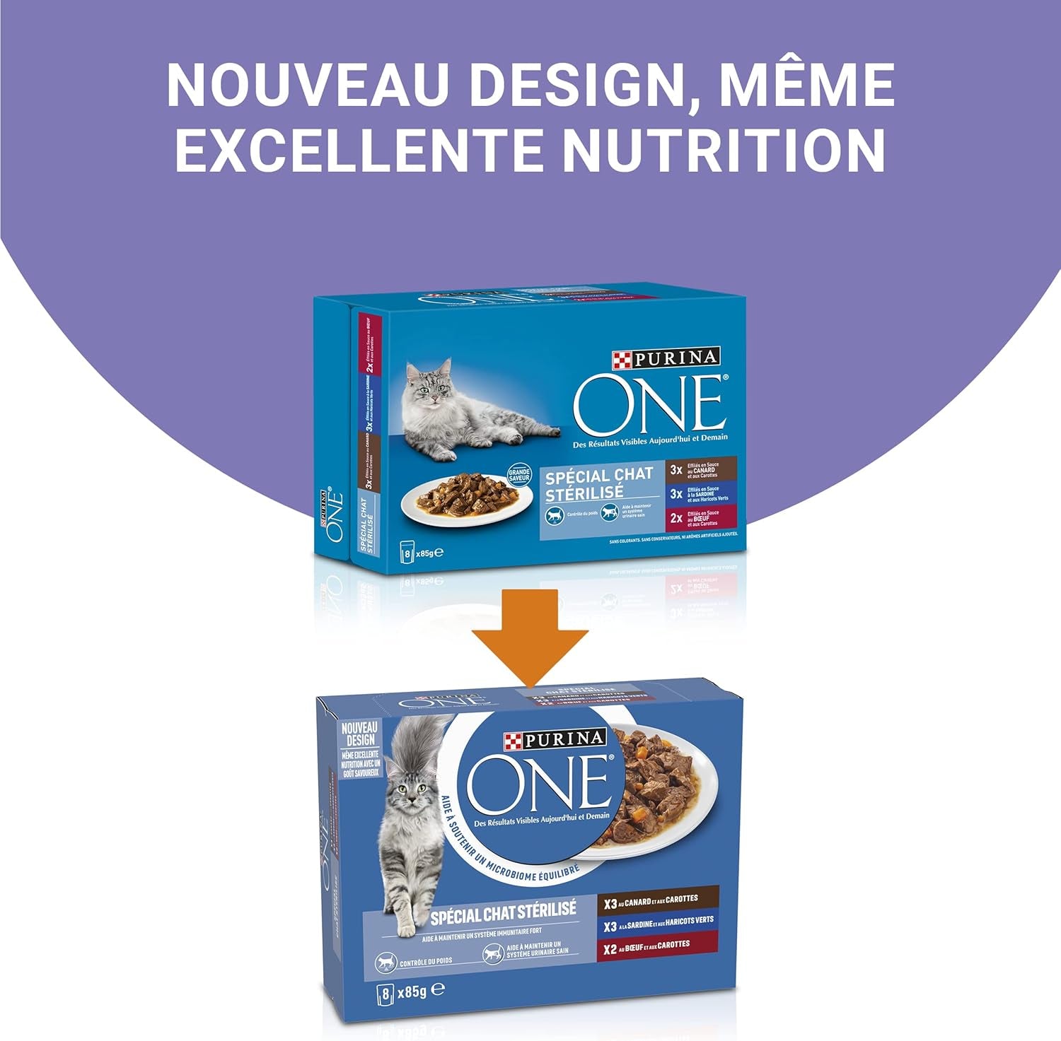 PURINA ONE | BIFENSIS | Foder til steriliserede voksne katte | Understøtter kattens vitalitet, knogler, muskler og led | I sauce | Poser med and, sardiner, oksekød, friskhed | 1 stk (8 x 85 g)