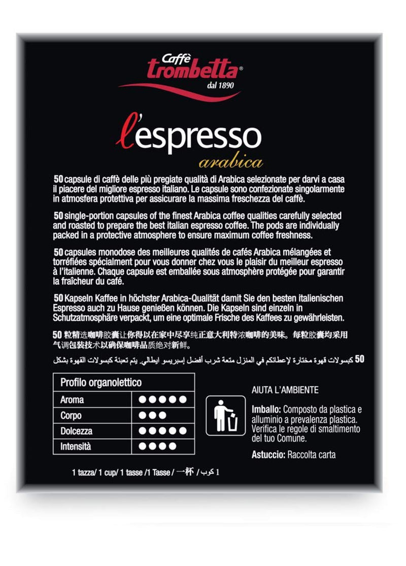 Caffè TROMBETTA L 'Espresso, Italien Kaffee Nespresso-kompatibel Kapseln. Aus 100% Arabica mit einem vollmundigen und körperreichen - 50 Kapseln, 50 Stück (1er Pack)