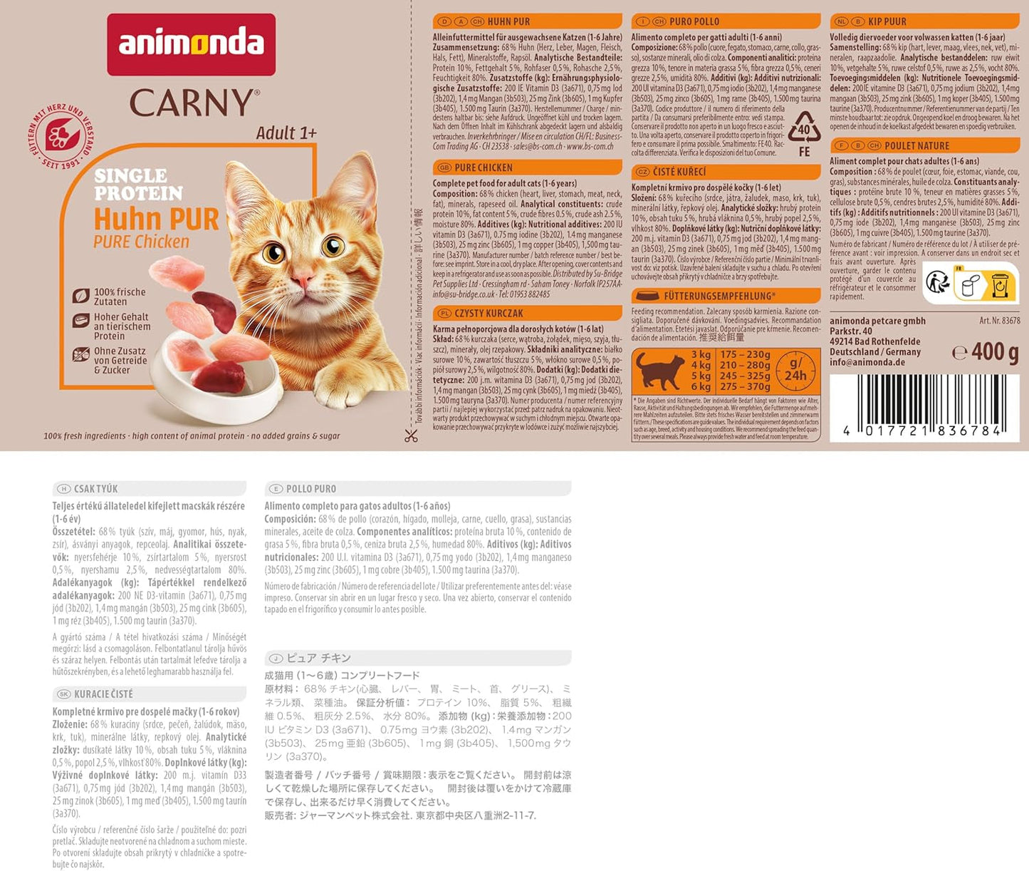 animonda Carny Adult Single Protein Pure Chicken (6 x 400 g), vådfoder til voksne katte med en enkelt proteinkilde, vådfoder til voksne katte, kornfri og sukkerfri