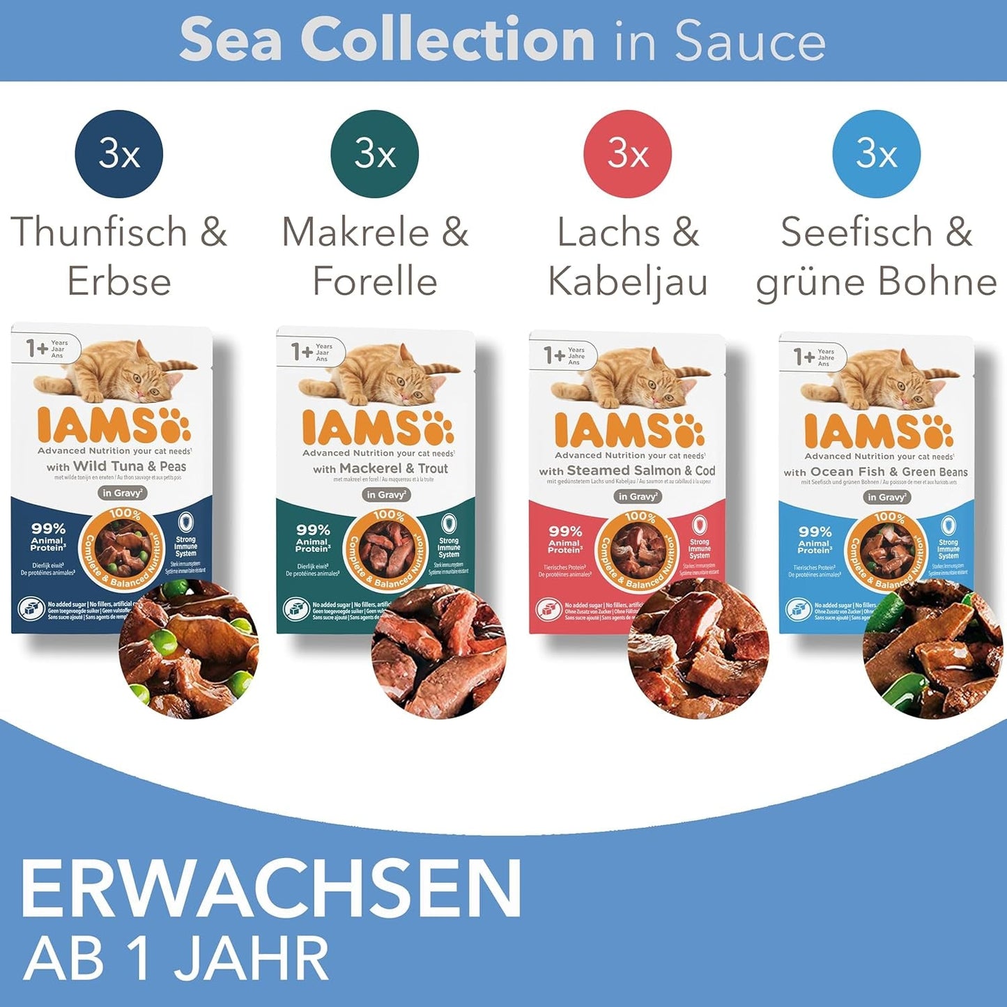 IAMS Delights Sea Collection Katzenfutter Nass - Multipack mit Fisch Sorten (Lachs, Thunfisch, Makrel, Seefisch) i Sauce, Nassfutter für Katzen fra 1 Jahr, 12 x 85g