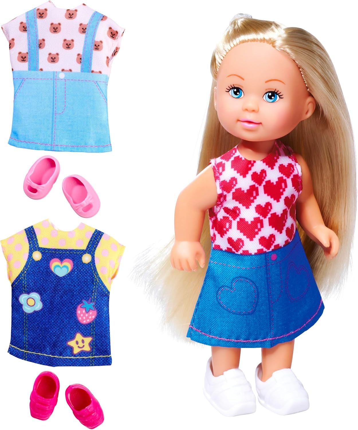 Simba Evi Love Fashion Doll iført en sød denimkjole, inklusive to andre outfits med yndige prints og sneakers, 12 cm, 3+