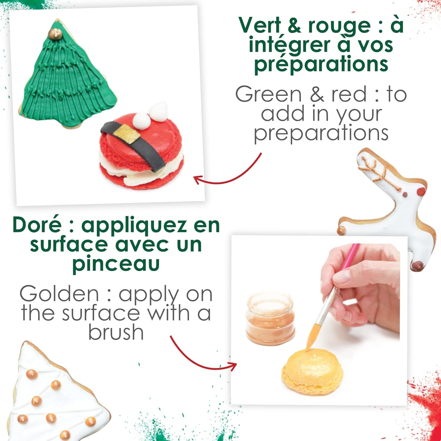 Scrapcooking - Sæt med 3 julemadsfarve i pulverform - rød, grøn, guld - spiselig madfarve til bagning, kager, småkager, kager, dej, fondant - julepynt - 4018
