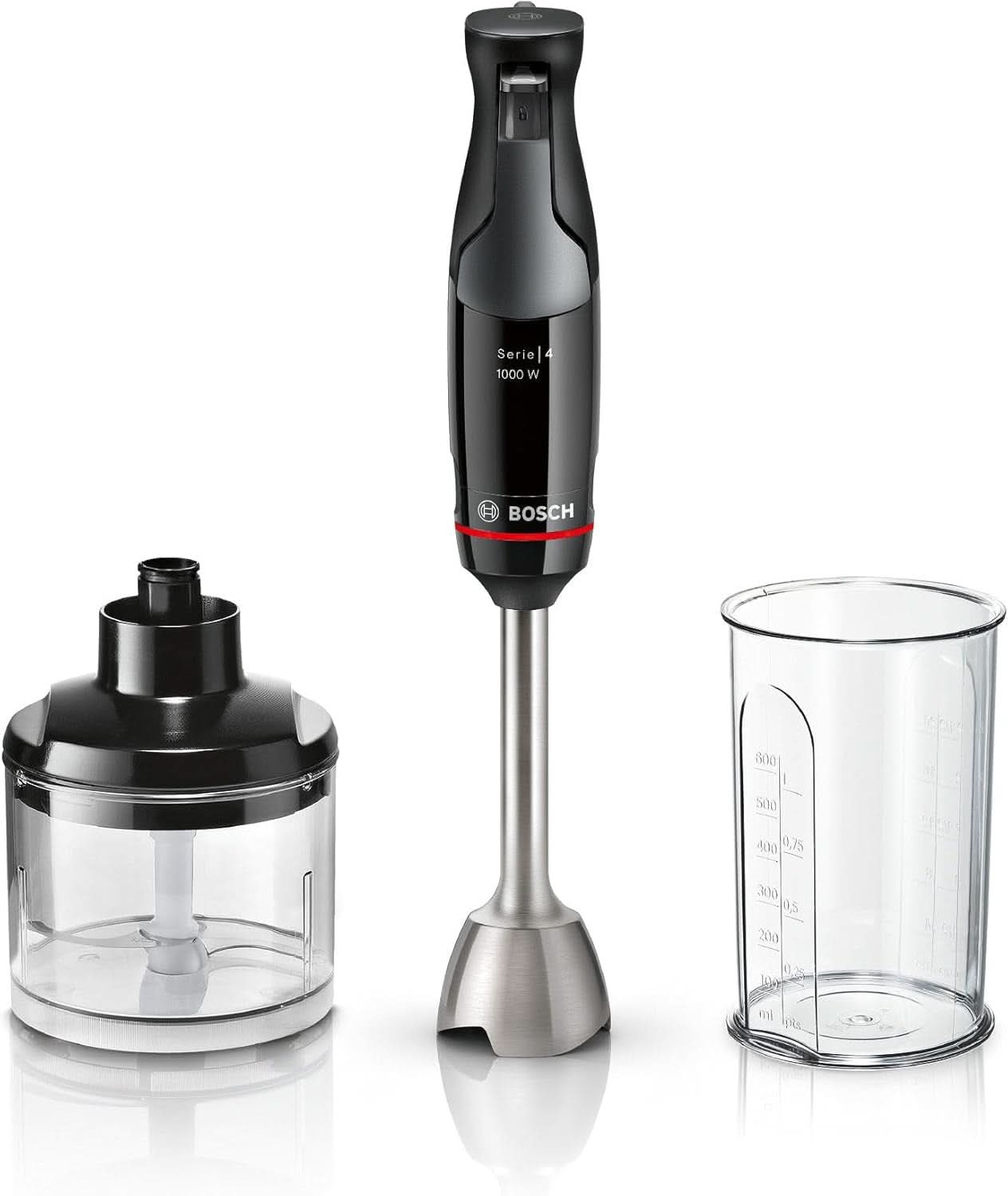 Bosch Stabmixer Ergomaster Serie 4, 1000 Watt, Edelstahl-Mixstab, Zerkleinerer, Mix-/Messbecher, Schwarz Kitchen Naty Shop 2-I-1, Ergomaster Serie 4