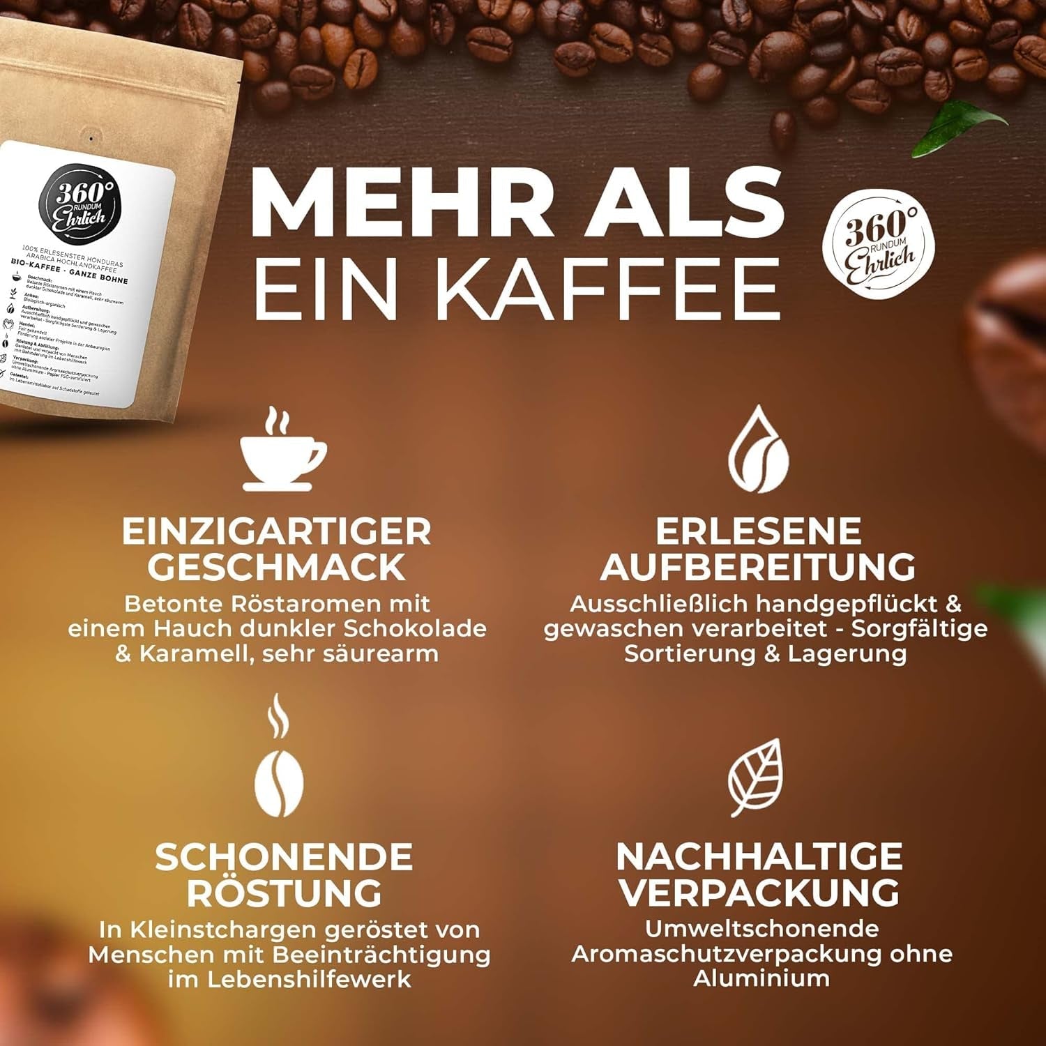 Premium Bio Kaffeebohnen 1000g, 100% Honduras Hochland Arabica Kaffeebohnen Bio - Köstlich, mild, sikker - Bio Kaffee ganze Bohnen - Ideel som Kaffeebohnen Vollaautomat - 360° Rundum Ehrlich