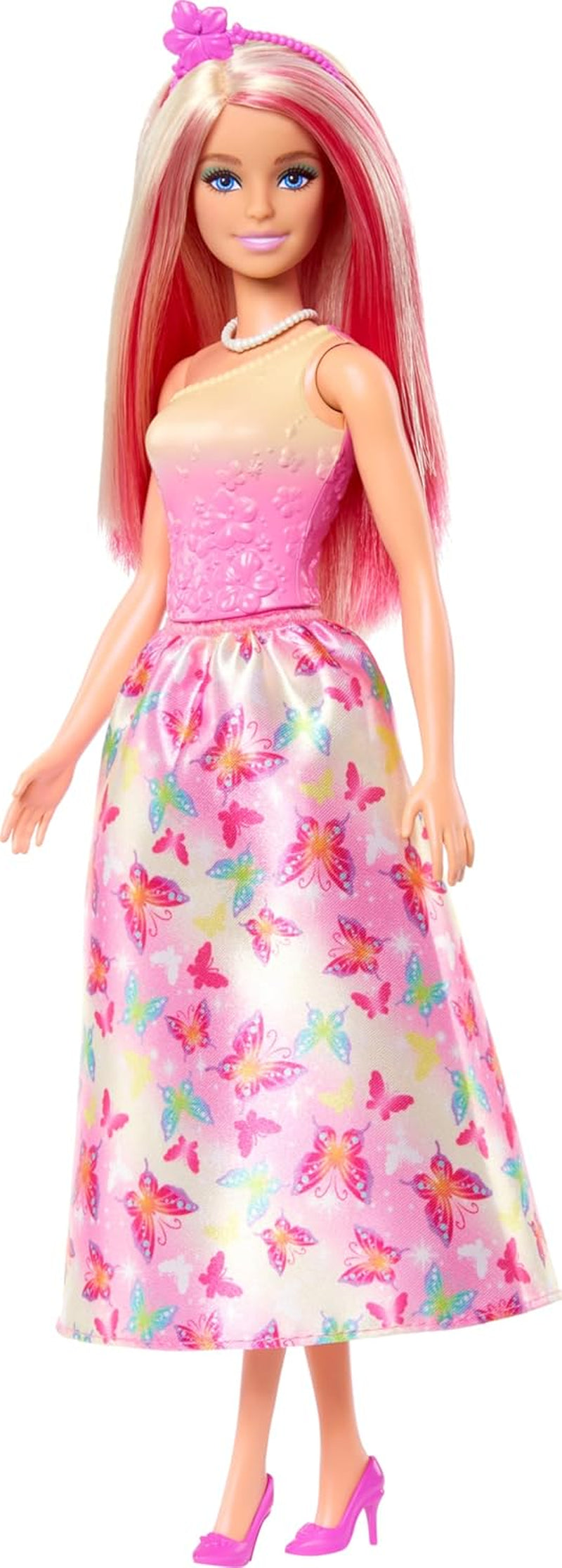 Royal Barbie Doll med lyst og pink lyst hår, farverigt tilbehør, pink gradient top og sommerfugle nederdel, HRR08 Naty Shop Dolls