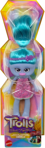 Mattel DREAMWORKS TROLLS United We Stand - Chenille Hairy Surprises Doll med gnistrende blåt hår, lilla pandebånd, fra 3 år og opefter, HNF15