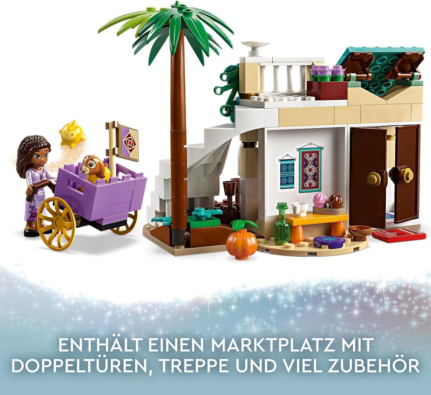 LEGO 43223 Disney-ønske Asha i Rosas City, Ønskefilmsæt med marked, Asha-minidukke, Valentino som legetøjsged og stjernefigurer, gave til børn 6 år, byggesæt til piger og drenge Besuche den LEGO-Store