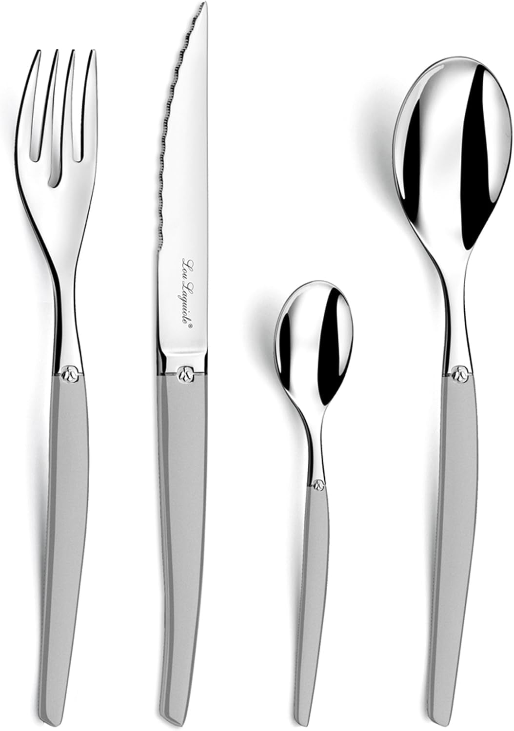 Lou Laguiole JET, Bestiksæt, Tåler opvaskemaskine, med mikrosarrated klinge, Satin rustfrit stål Naty Shop