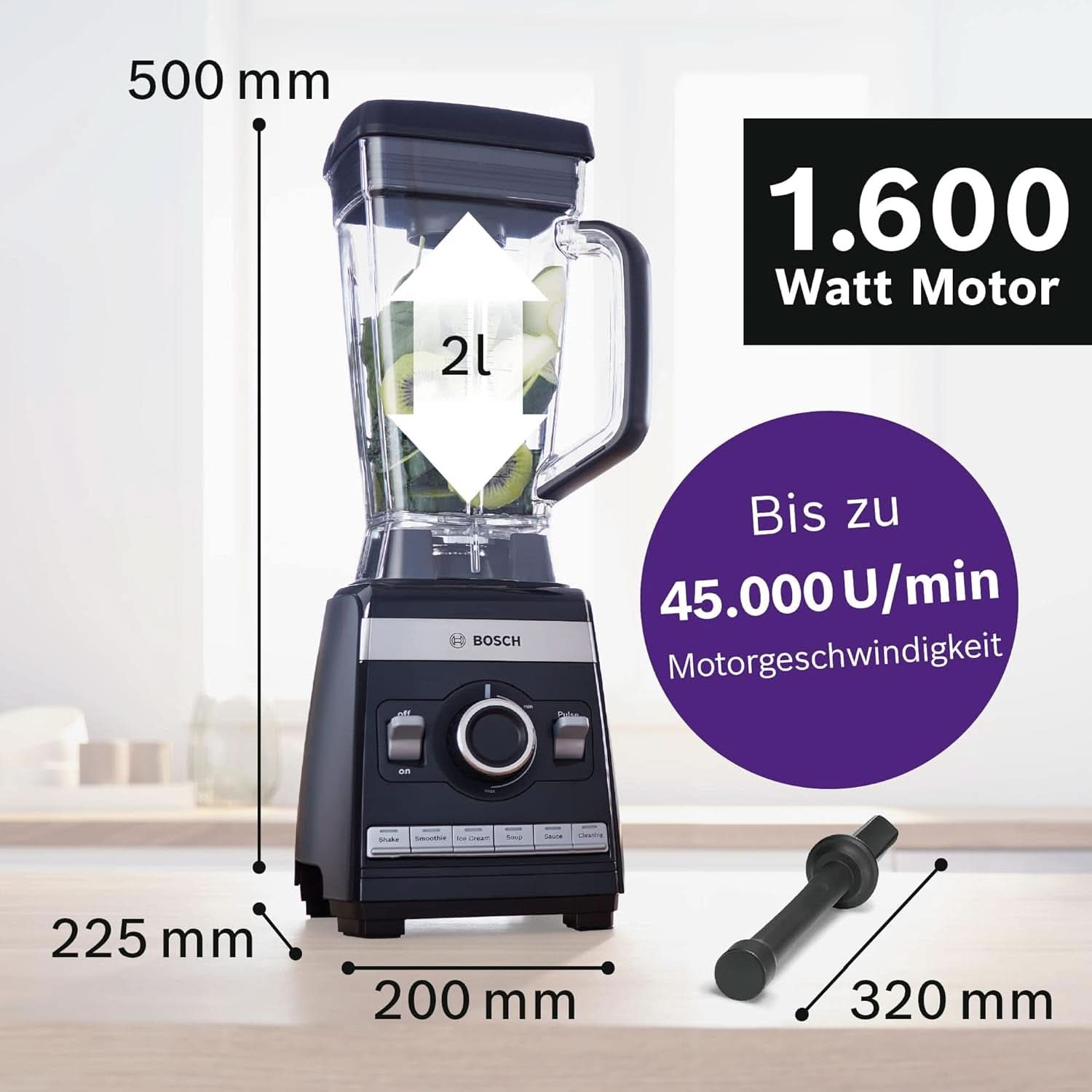 Bosch Standmixer Vitaboost MMBH6P6BDE, 6-Klingen-Edelstahlmesser, 2.5L Tritan-Mixbehälter, Stopfer, 6 Automatikprogram, Rezeptbuch, Bpa-Frei, Einfache Reinigung, 45.000 U/Min, 1600 W, Schwarz Bucatarie Naty Shop