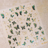 JMEOWIO 3D Nagelsticker Grün Gold Schmetterling Nail Art Sticker Selbstklebend Nagelaufkleber 5D Stereoskopisk Dekoration Nageldesign Tilbehør 1 Blatt