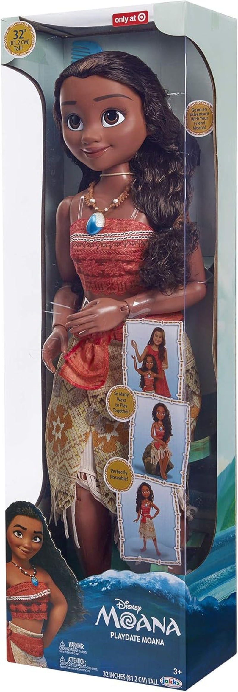 Disney Princess Vaiana, 80 cm stor Spielpuppe von Jakks Pacific, bewegliche Puppe, mit Bürste zum Kämmen ihrer wellligen Locken, vom Film inspireret Kleid, abnehmbare Halskette mit Anhänger