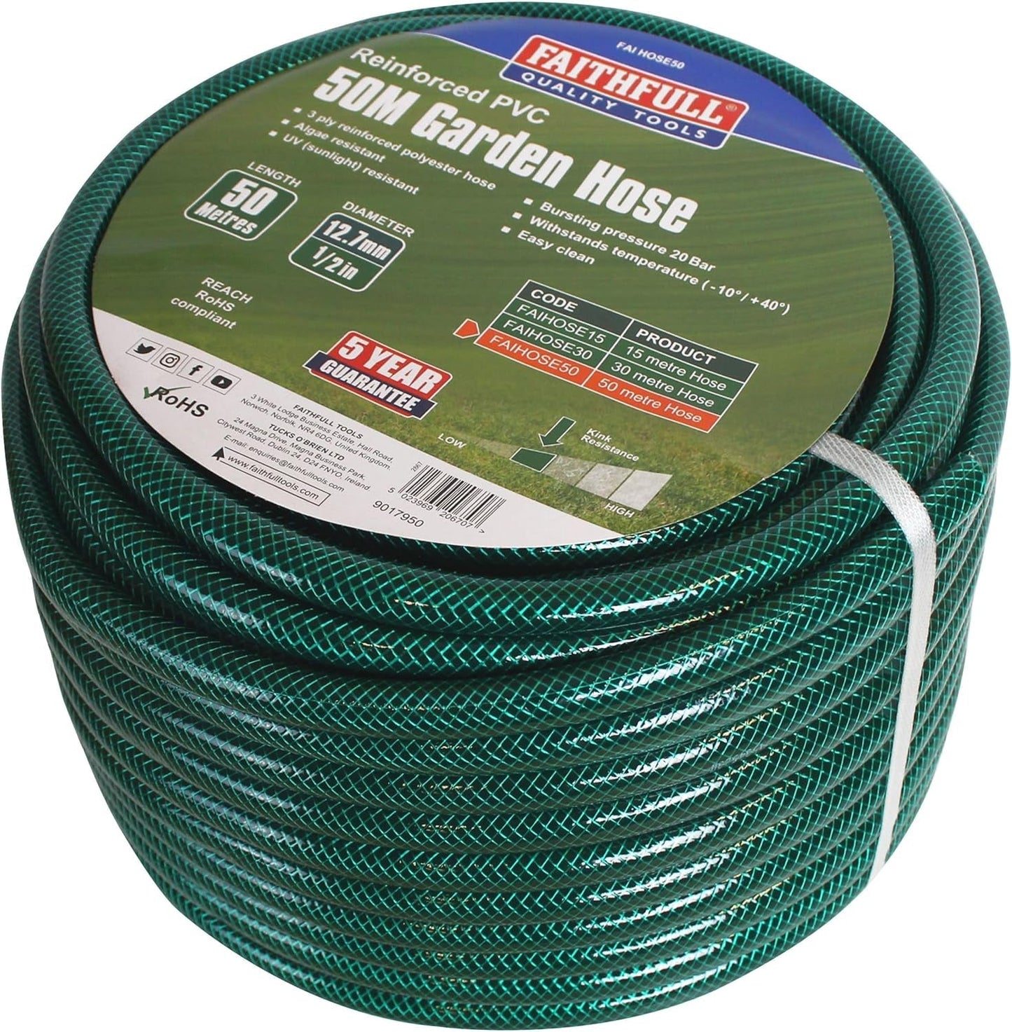 Faithfull haveslange 50 m (164 fod) forstærket 12,7 mm (1/2 tomme) diameter - kraftigt PVC-rør, grønt