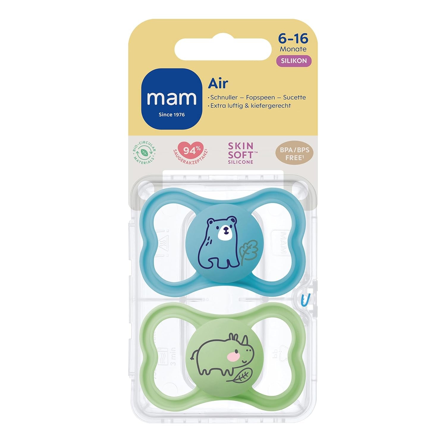 MAM Air Silikonesut 2 Pack Ekstra let og luftigt design Tandvenlig babysut Lavet af MAM SkinSoft Special Silikone med sutteæske 6-16 måneder Bjørn/næsehorn