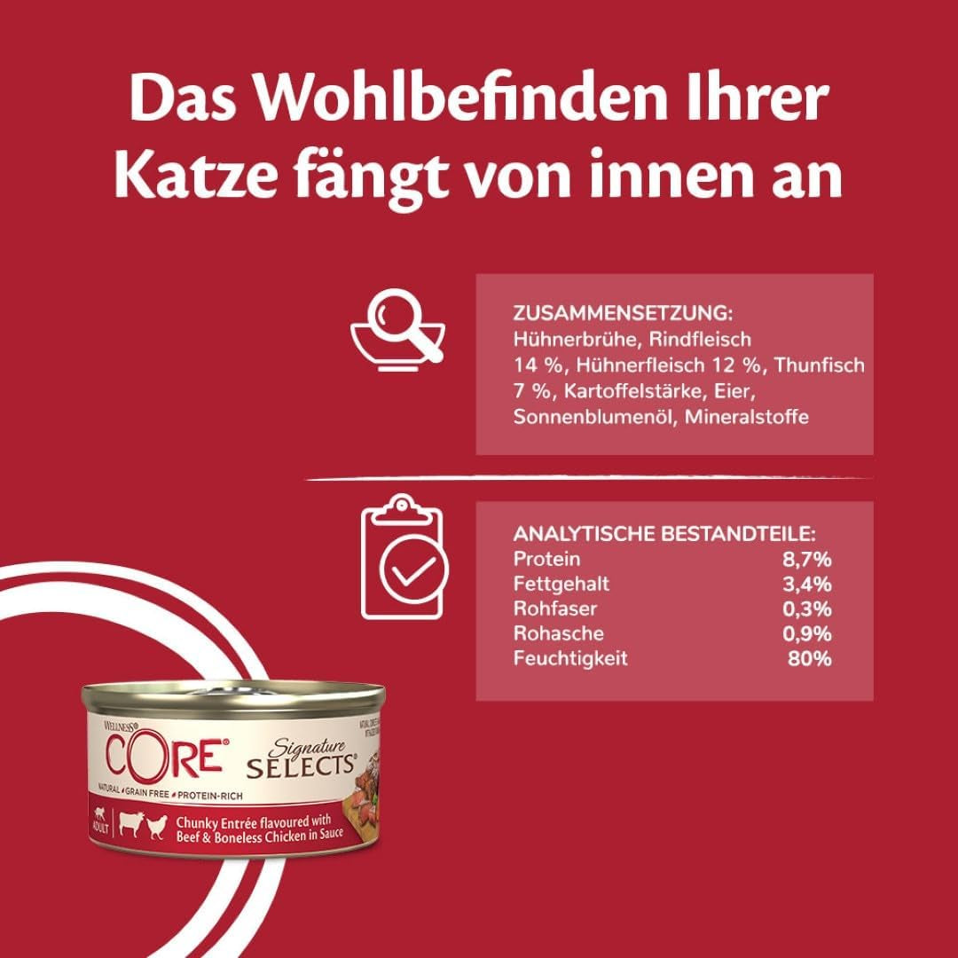 Wellness CORE Signature Selects 8 x 79 g, bland oksekød, kylling og kalkun - våd kattefoder, lækre strimler i sauce, kornfri, naturlig, allergivenlig, højt proteinindhold, højt indhold af kød