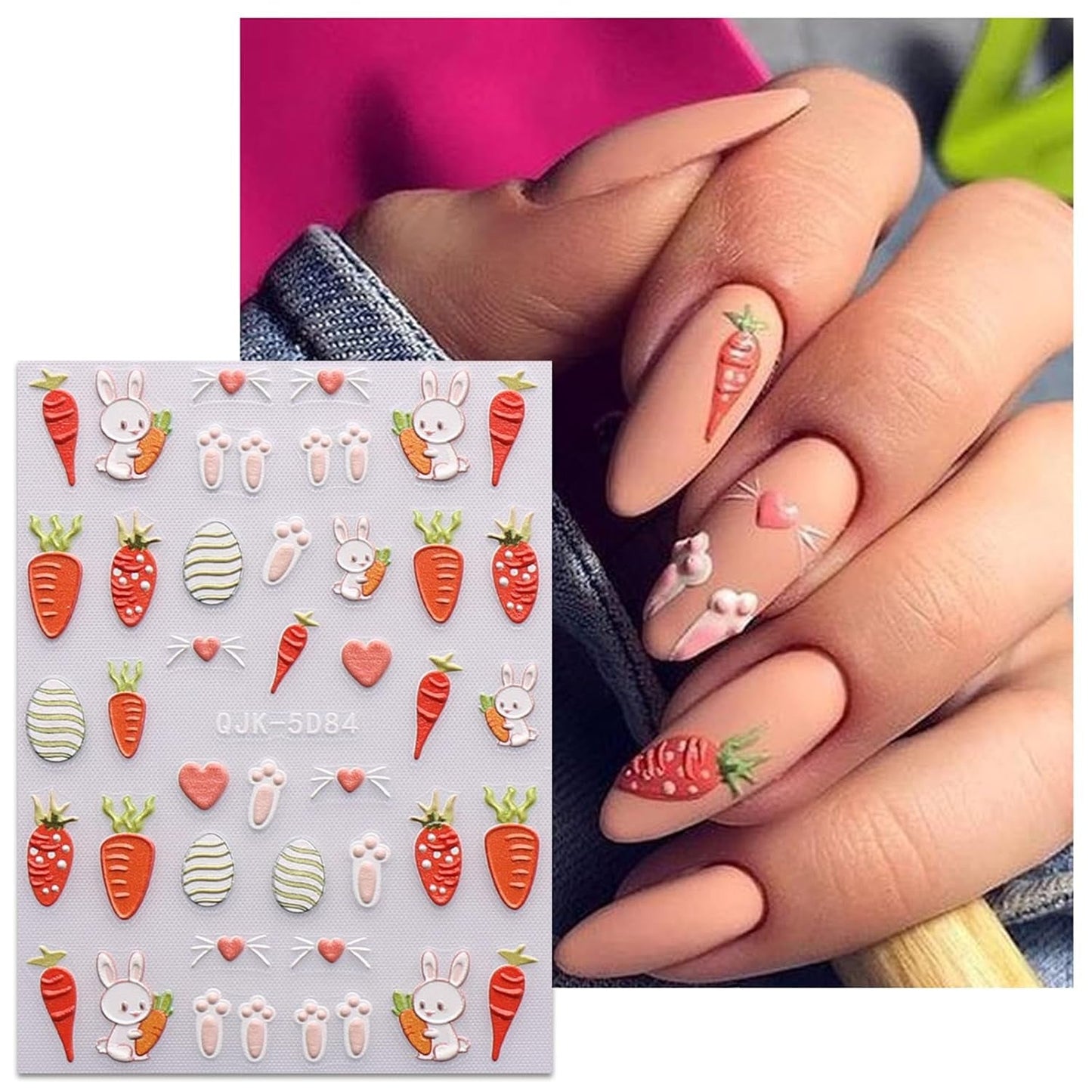 JMEOWIO 6 Blatt 3D Nagelsticker Ostern Nail Art Sticker Selbstklebend Nagelaufkleber 5D Stereoskopisk Süßer Hase Ei Dekoration Nageldesign Zubehör