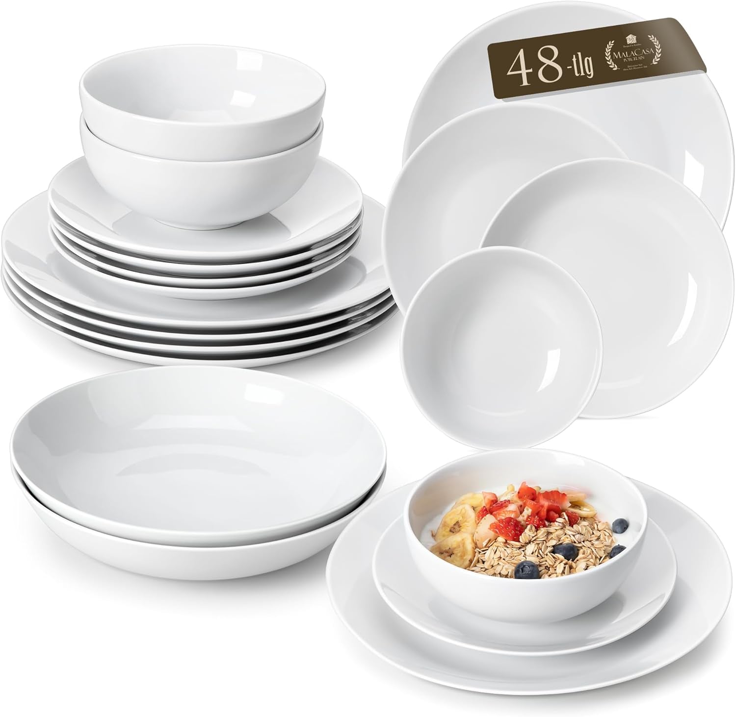 MALACASA 12-personers spisestel, Amelia 48-delt moderne porcelænsstel, bordservice med 12 middagstallerkener, desserttallerkener, suma tallerkener og kornskåle, moderne 12-personers stel - hvid