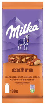 Milka Extra Caramel Salt Mandel - Alpine mælkechokolade med stykker af karamel, mandler og en knivspids salt - 190g