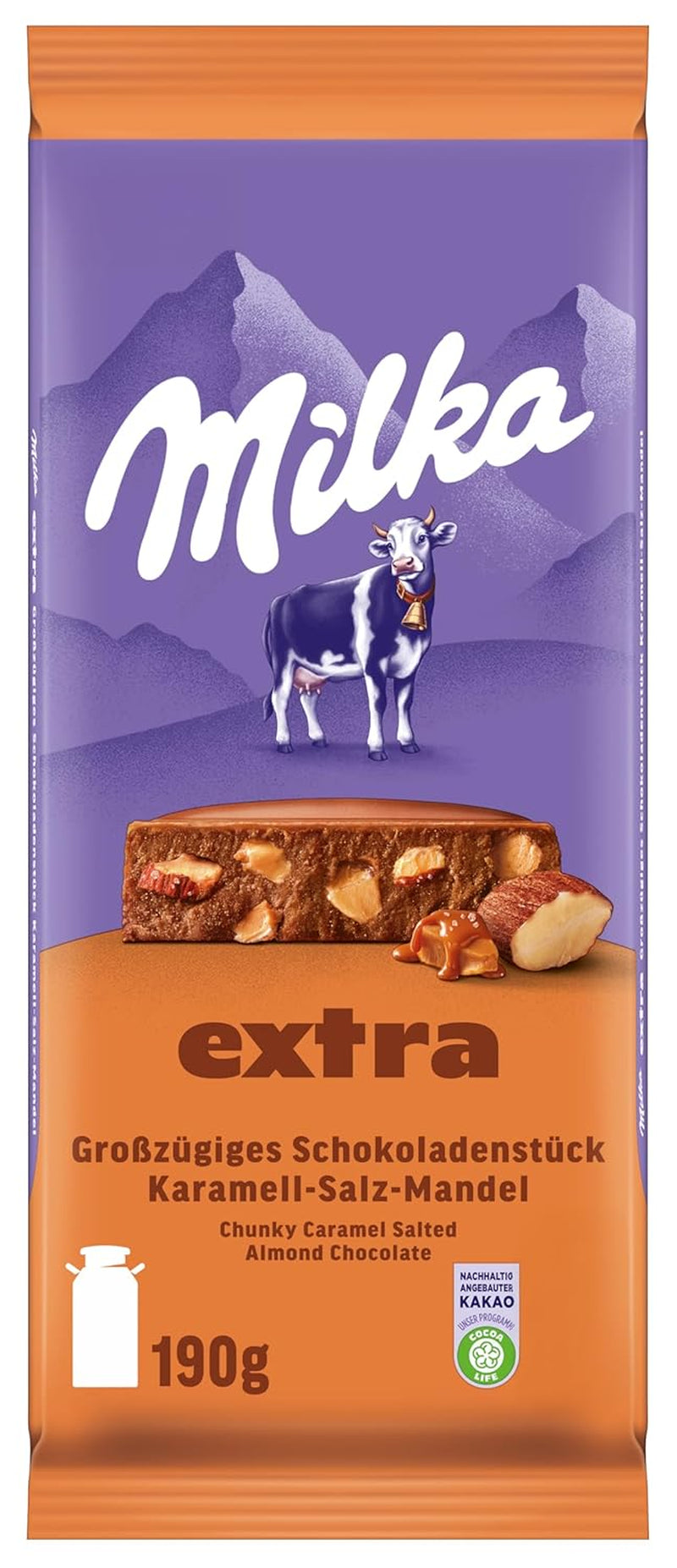 Milka Extra Caramel Salt Mandel - Alpine mælkechokolade med stykker af karamel, mandler og en knivspids salt - 190g