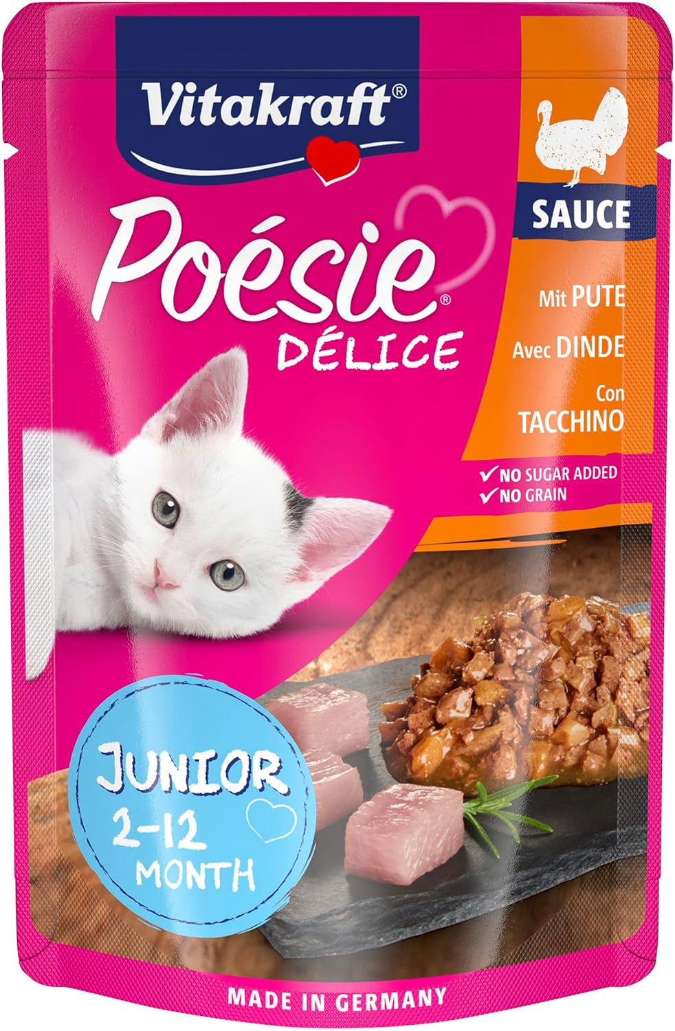 Vitakraft Poésie Délice, Junior, Vådfoder til katte, Vådfoder i sauce, med kalkun, Multipack, til unge katte, Uden tilsat sukker eller korn (23 x 85g)