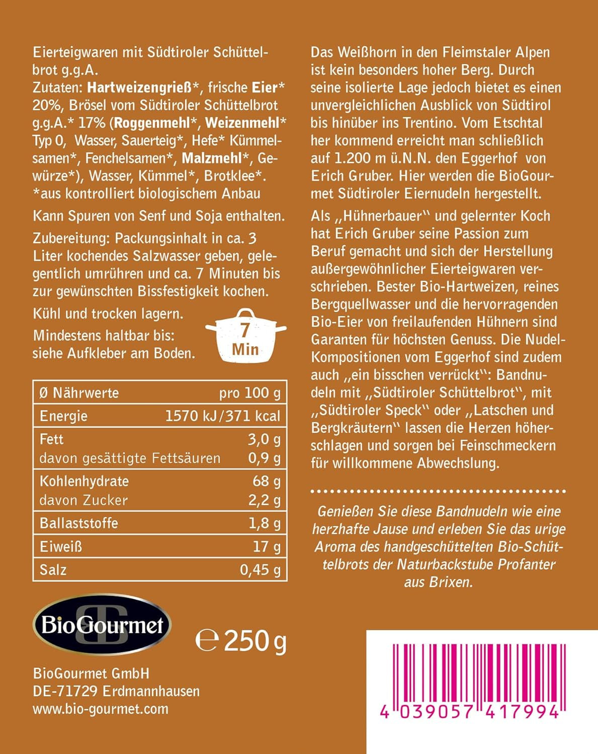 BioGourmet båndnudler med Schüttelbrot fra Sydtyrol (BGB) | Saltede ægnudler med smag og ægte pletter fra Sydtyrol | 1 x 250g Bio
