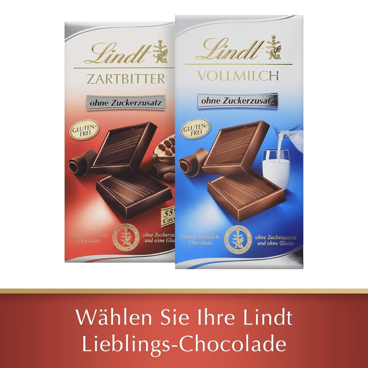 Lindt Chokolade | Mørk chokoladebar uden tilsat sukker | 100 g | Den fineste mørke chokolade med 55% kakao, uden tilsat sukker og ingen gluten | Glutenfri chokoladebar