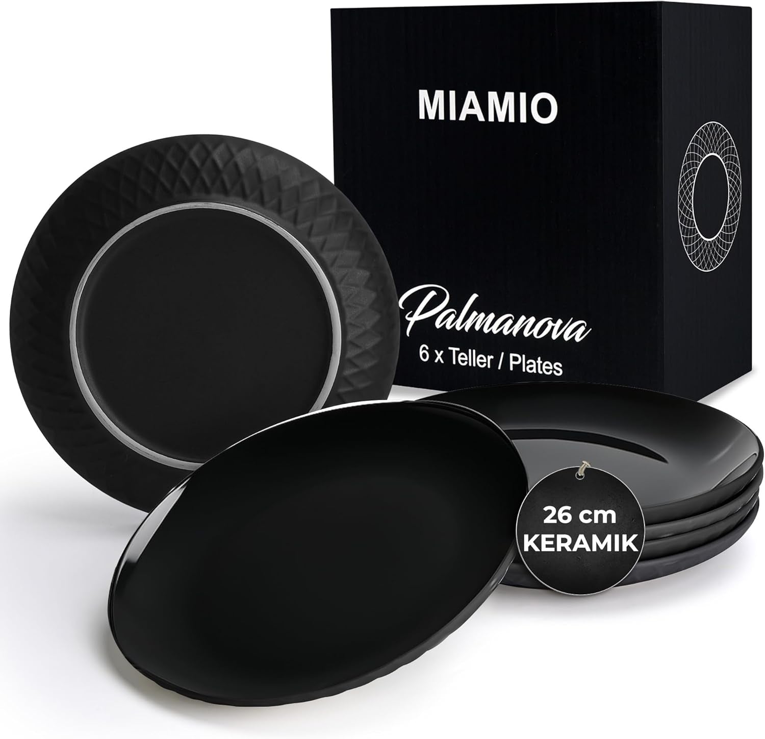 MIAMIO - 6-delt moderne keramisk spisestel/tallerkensæt til 6 - Palmanova Collection (sort, store tallerkener (6x))