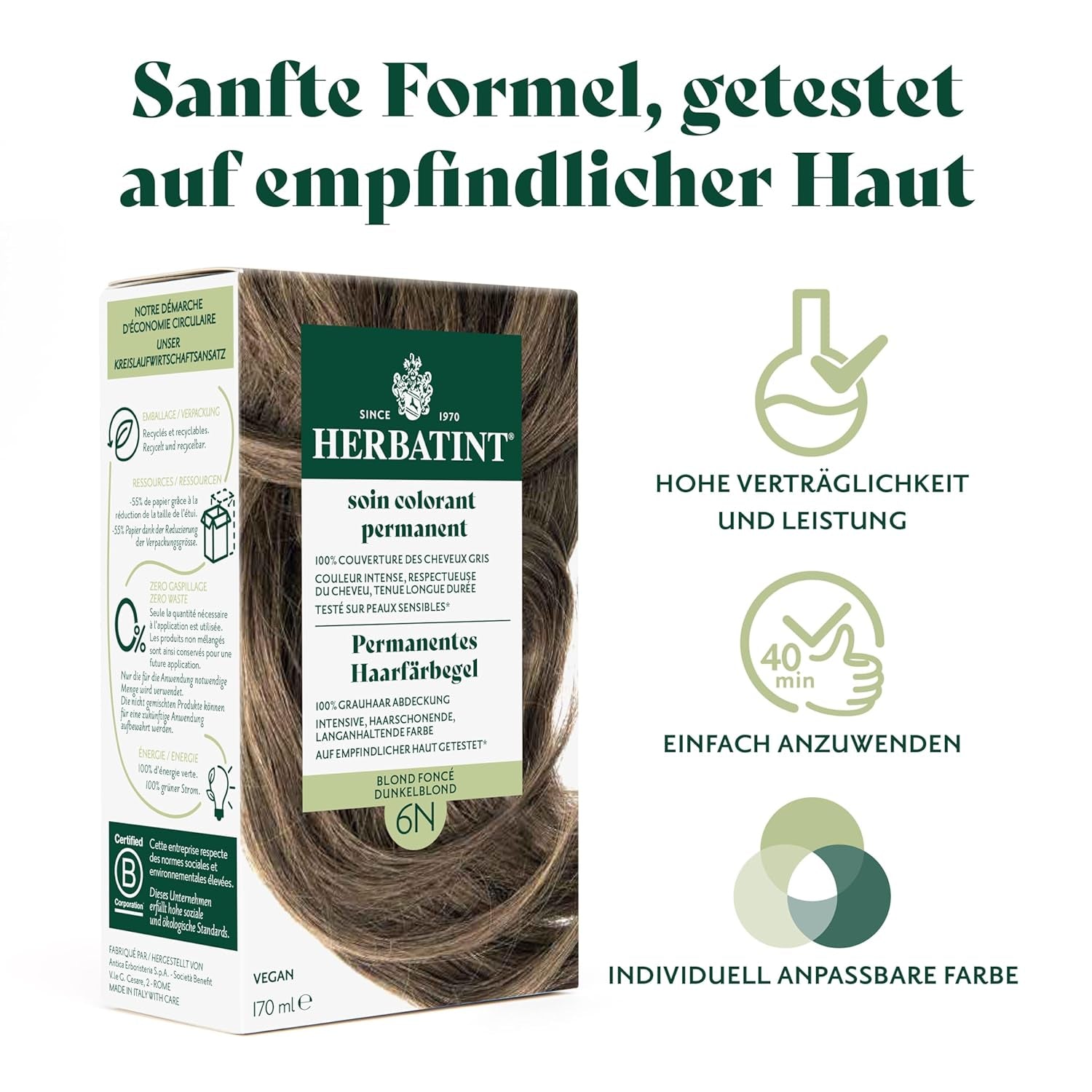 Permanent hårfarvegel 6N mørkeblond - 170 ml I Ammoniakfri, 100% dækning af gråt hår I Testet på følsom hud, med 8 planteekstrakter Hårfarve Naty Shop