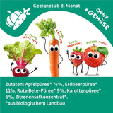 FRECHE FREUNDE Økologisk frugtpose, der kan presses sammen med æbler, jordbær, rødbeder og gulerod, frugt- og grøntsagspuré i en pressepose til babyer fra 6 måneder, vegansk, pakke med 6 (6 x 100 g)