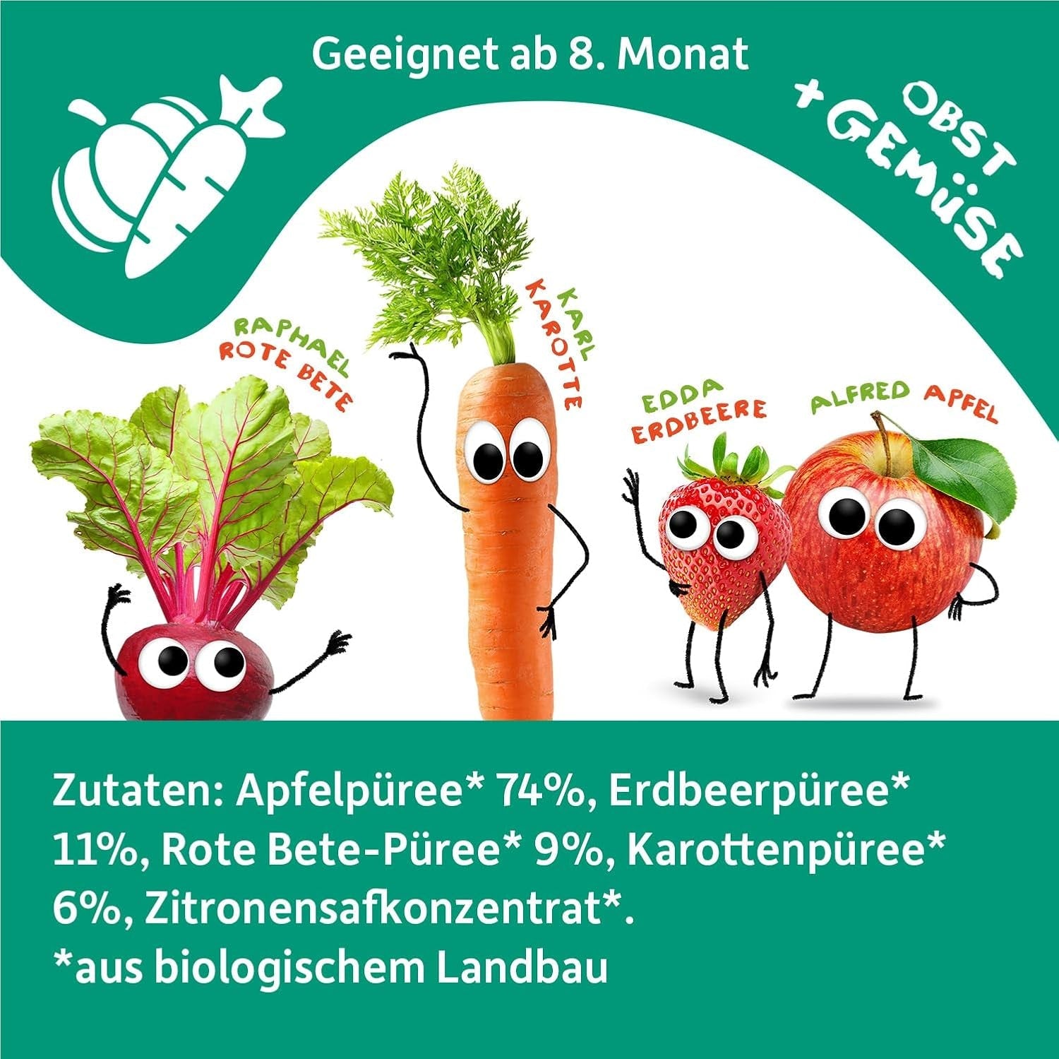 FRECHE FREUNDE Økologisk frugtpose, der kan presses sammen med æbler, jordbær, rødbeder og gulerod, frugt- og grøntsagspuré i en pressepose til babyer fra 6 måneder, vegansk, pakke med 6 (6 x 100 g)