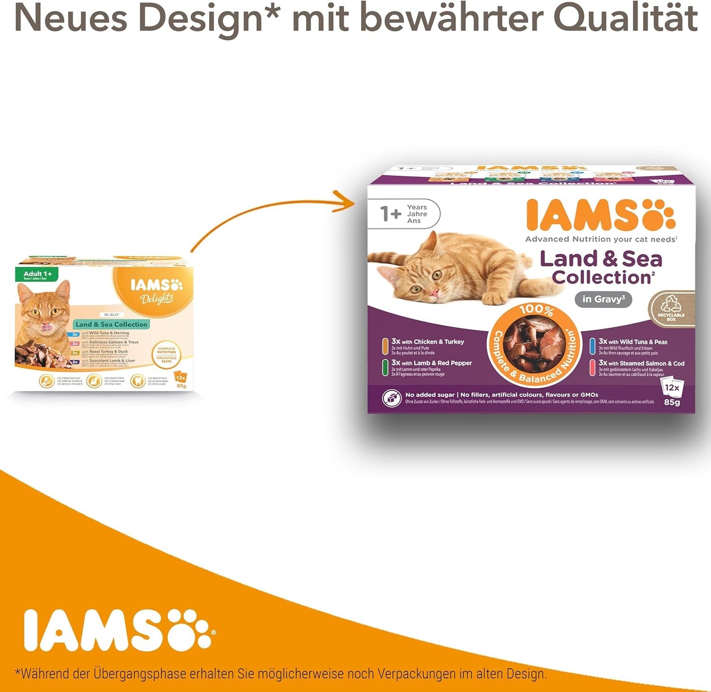 IAMS Delights Land & Sea Collection våd kattefoder - kød- og fiskesortiment Multipak i sauce, vådfoder til katte fra 1 år, 72 x 85 g
