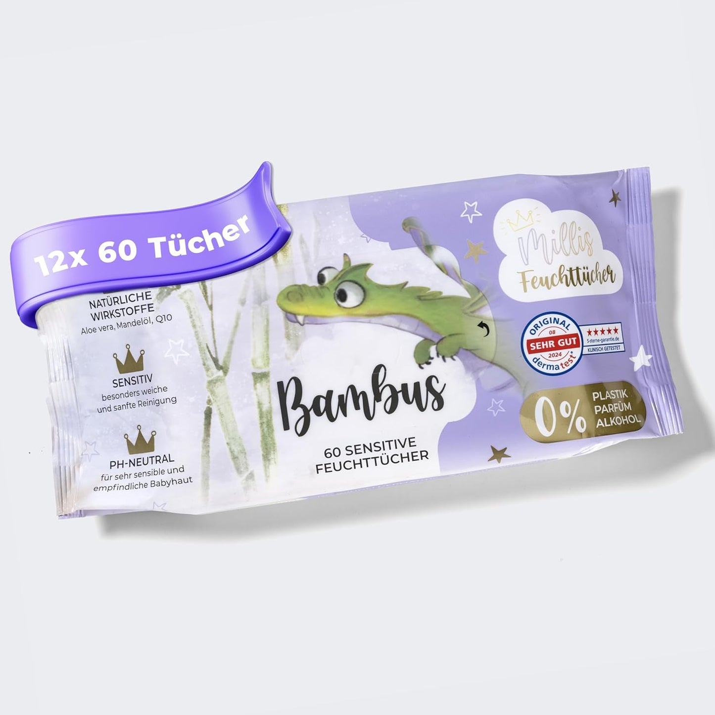 Millis Bamboo Baby Sensitive vådservietter til sart babyhud - 5 x 60 stykker - Naturlig, skånsom og bæredygtig rengøring - Biologisk nedbrydelige babyservietter, plastikfri og alkoholfri