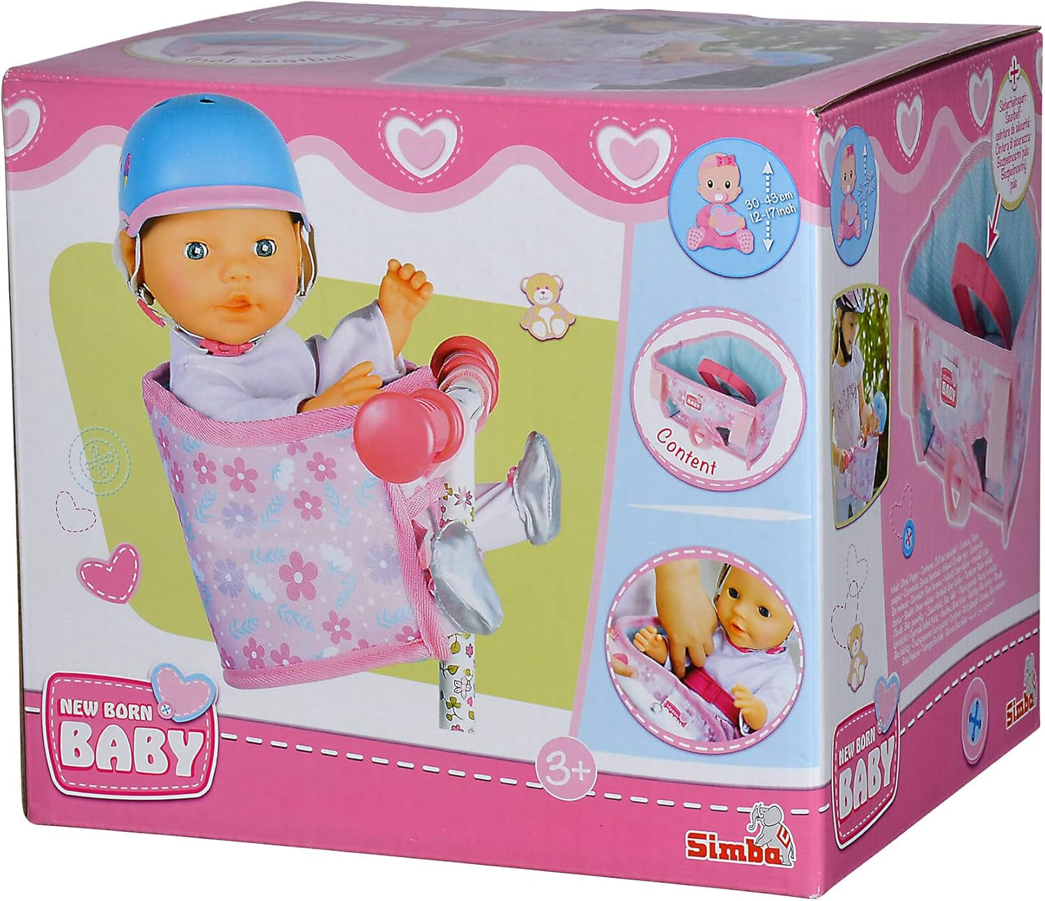 Simba 105560018 - Nyfødt cykelsæde med bælte, dukketilbehør, stofsæde, sikkerhedssele, velcrostyr, til 30-43 cm dukker, 3+