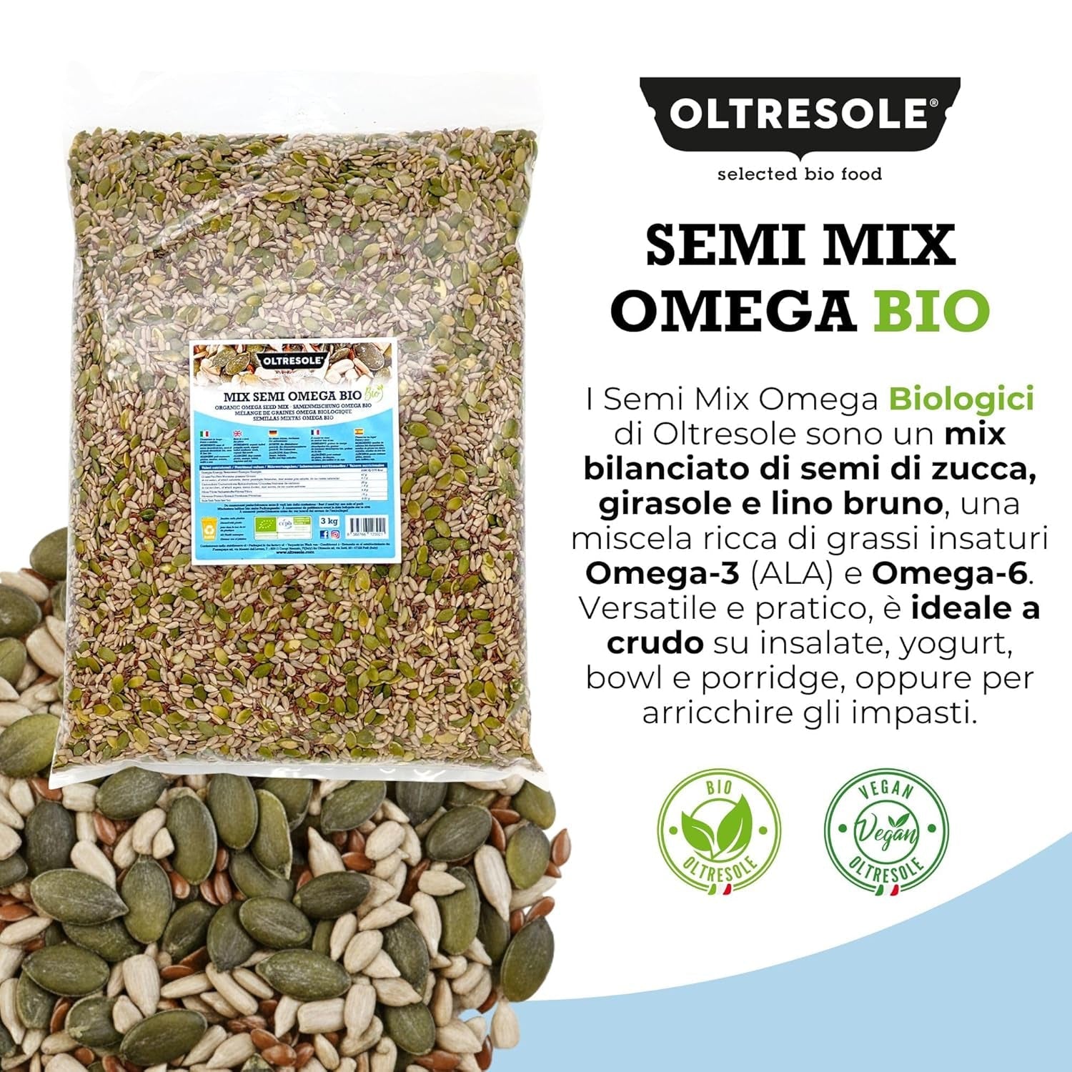 Økologisk Omega frøblanding 3 kg (blanding af græskar-, solsikke- og hørfrø), en blanding af 3 hele rå oliefrø, rig på protein, fibre og omega-3 fedtsyrer