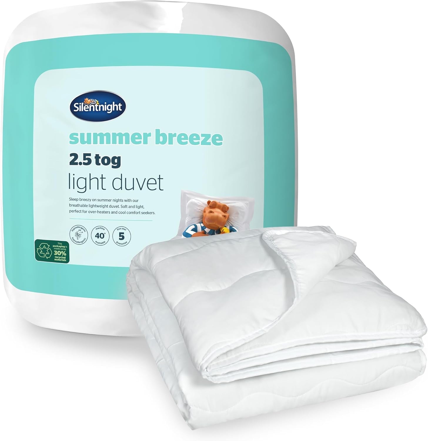 Silentnight Summer Breeze Dyne til enkeltseng, 2,5 Tog, Letvægts Sommerdyne, Ideel til varme nætter og varme soveværelser, Hypoallergen og maskinvaskbar, Enkeltseng, 200 X 135 Cm Naty Shop Dyner og dyner Standard hvid enkeltseng