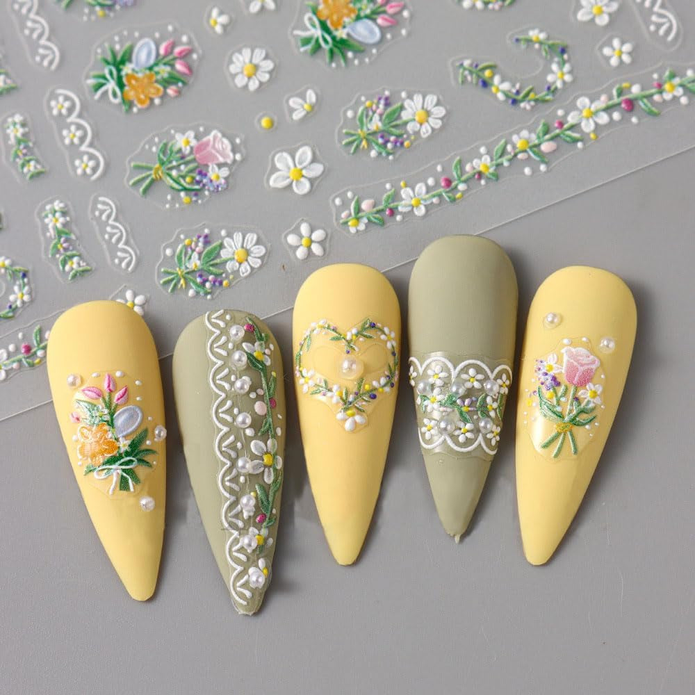 5 stk Geprägte Gänseblümchen Nagelsticker Selbstklebend Blumen Nagelaufkleber Gänseblümchen Schmetterling Nagel Sticker Nageldesign Aufkleber Nägel Zubehör Blume Nail Sticker Flower Nail Art Stickers